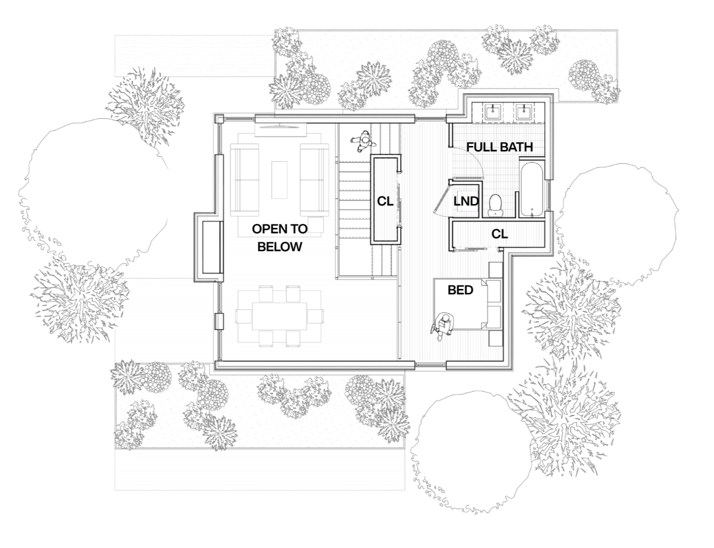 Black and white floor plan of a house showing various rooms, including a bedroom, full bath, and annotated areas such as 'Open to Below' and 'Laundry.' The layout includes outdoor landscaping with trees and garden areas surrounding the house.