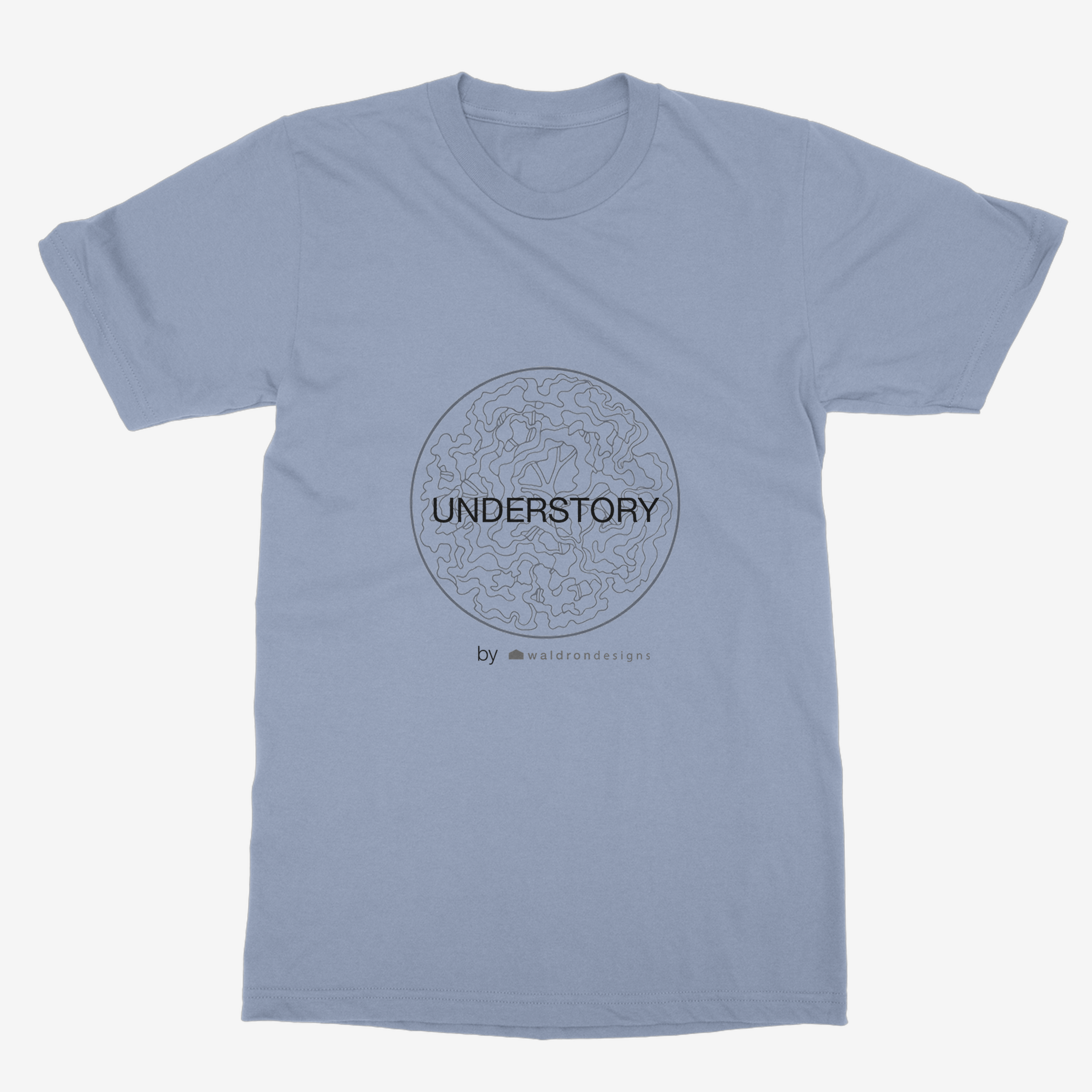 Light blue T-shirt featuring a circular maze design with the word "UNDERSTORY" beneath it, created by WaldronDesigns.