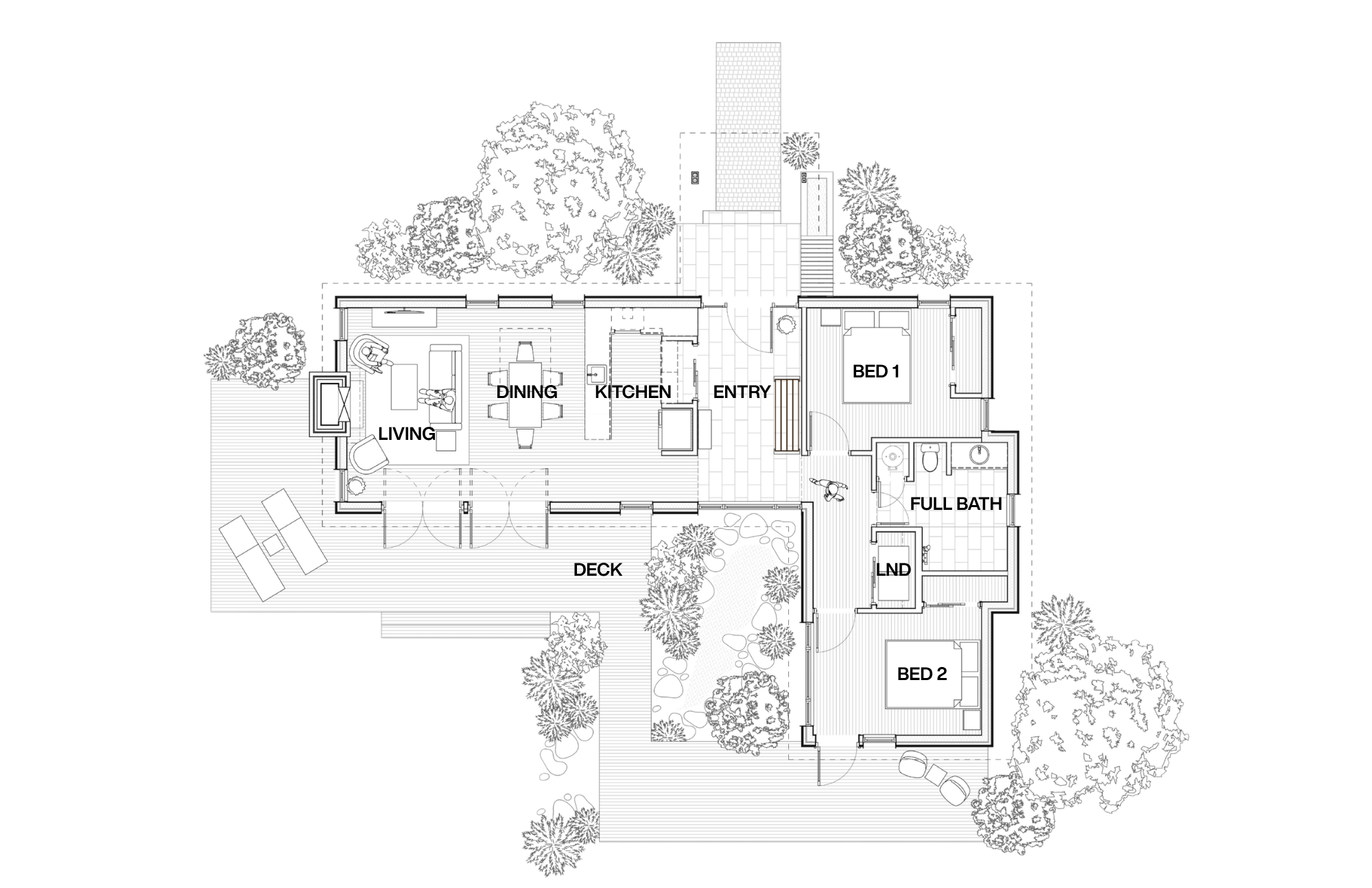 Architectural floor plan of a house showing living room, dining area, kitchen, deck, porch, bedrooms, bathrooms, laundry room, with trees and landscaping around.