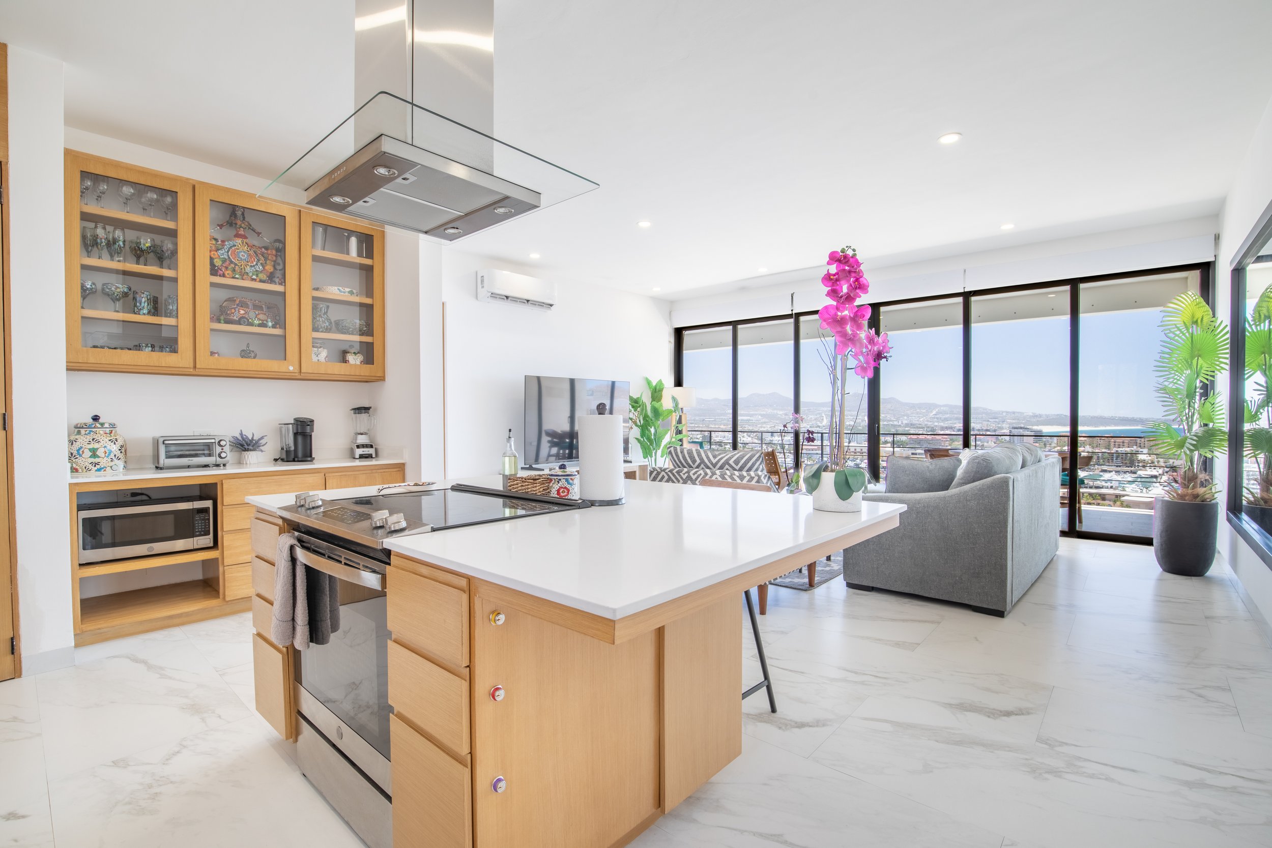 Open-plan kitchen and living room with large city view windows, pink orchid, gray sofa, wooden kitchen cabinets, and modern appliances.