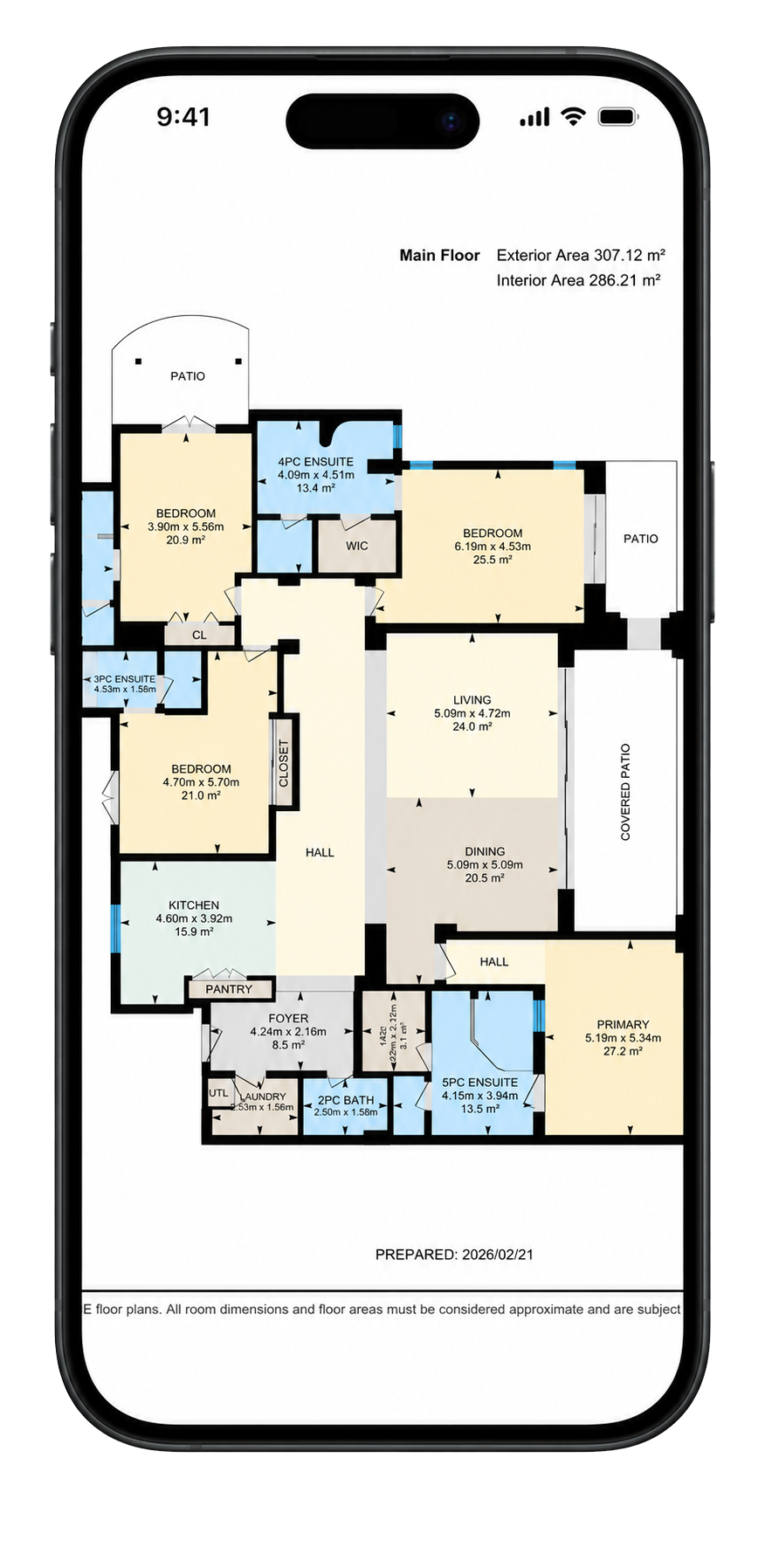 Floor plan of a house showing multiple bedrooms, bathrooms, living and dining areas, kitchen, pantry, laundry, foyer, hallways, patios, and primary suite with ensuite bathroom, with dimensions and labels for each room.