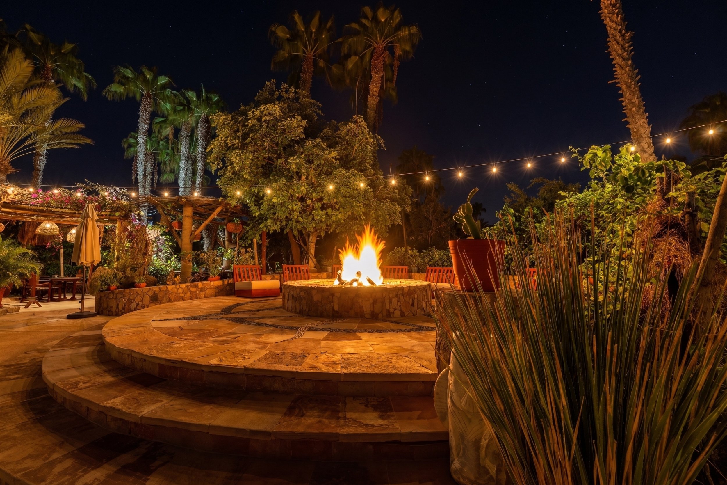 Nighttime outdoor patio with a central fire pit, surrounded by chairs and lush greenery, string lights overhead, tall palm trees, starry sky in the background.