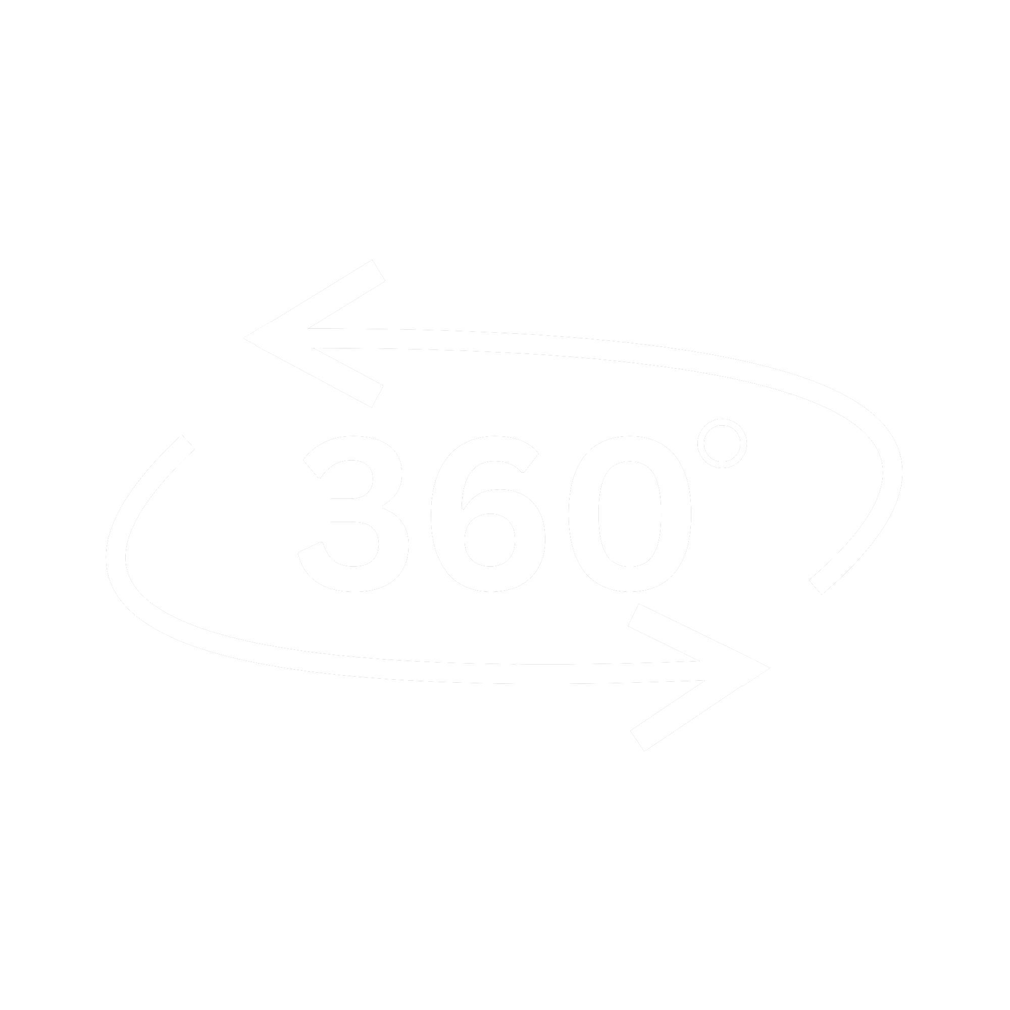 Vector illustration of a curved arrow encircling the number 360 with a small circle at the end, representing a 360-degree rotation or view.