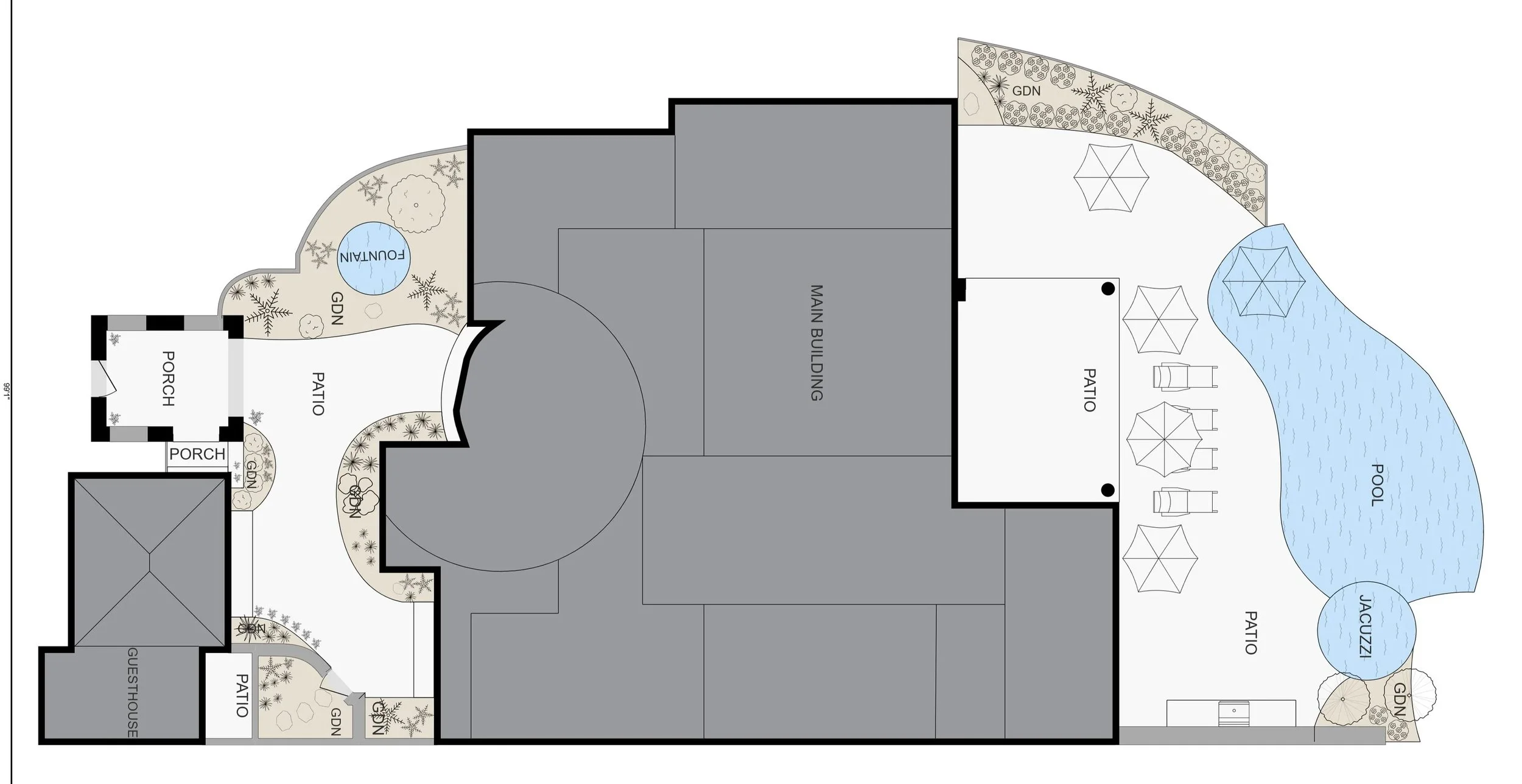 Floor plan of a backyard with a guesthouse, patio, pool, Jacuzzi, and various landscaping elements.