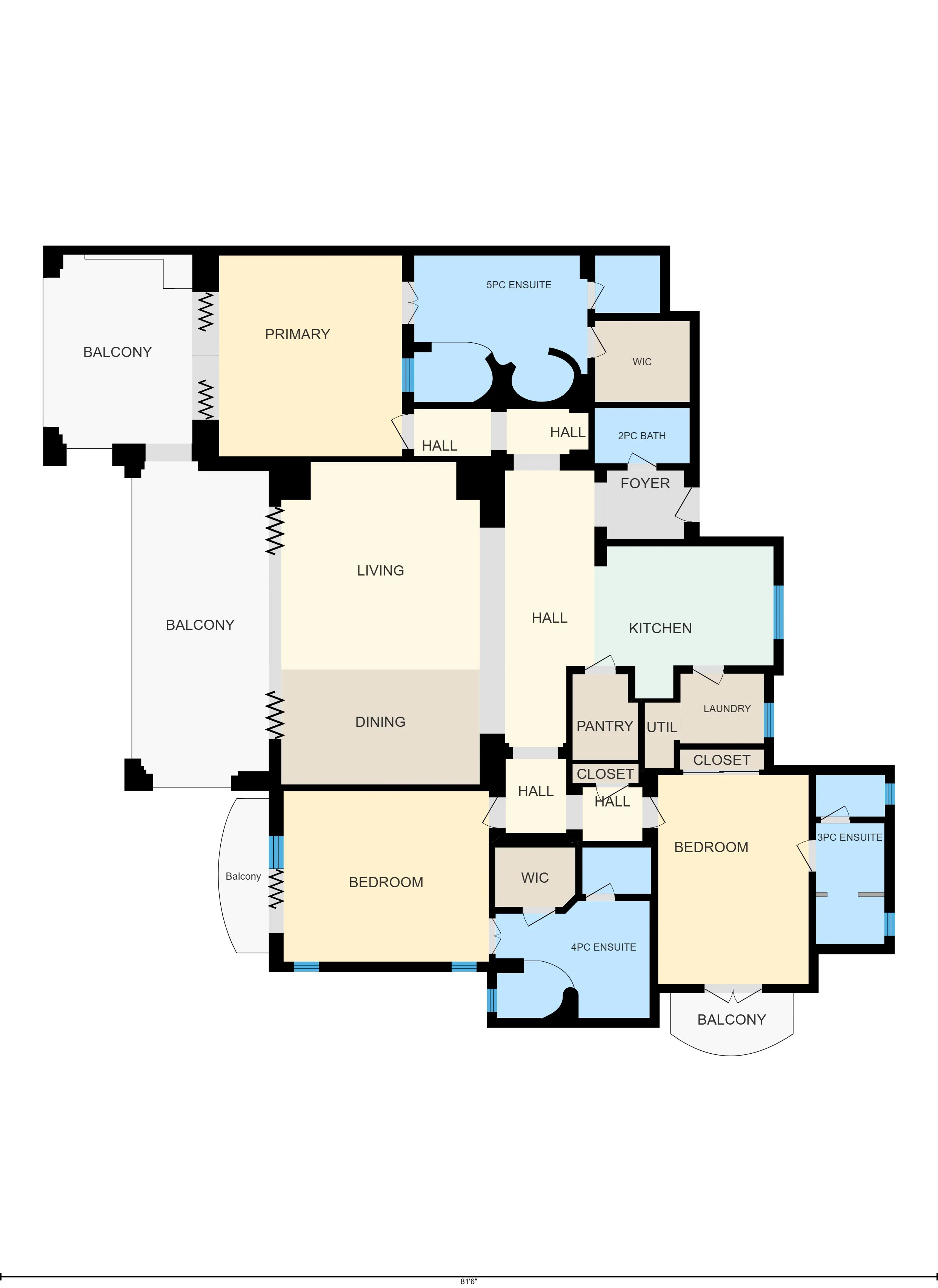 A detailed floor plan of a house showing various rooms such as bedrooms, bathrooms, kitchen, living room, dining room, hallways, closets, pantry, utility room, laundry, and multiple balconies. Floor plans available in Cabo San Lucas