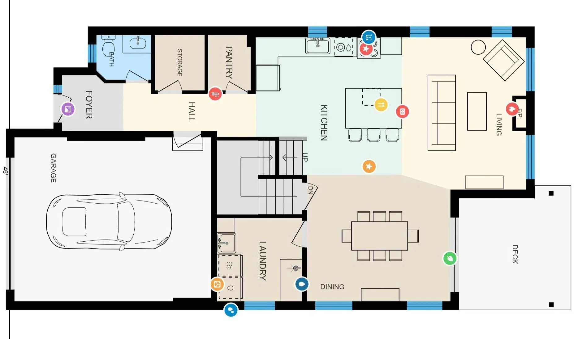 Floor plan of a house showing a garage, laundry room, dining area, kitchen, living room, deck, foyer, hall, pantry, storage, and bathroom.