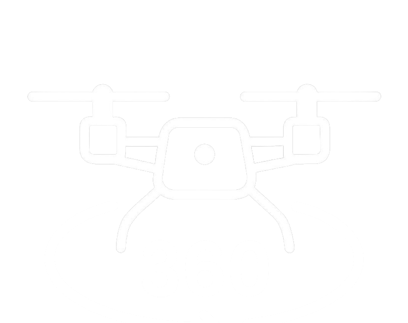 Line drawing of a drone with a 360-degree symbol beneath it, on a black background.