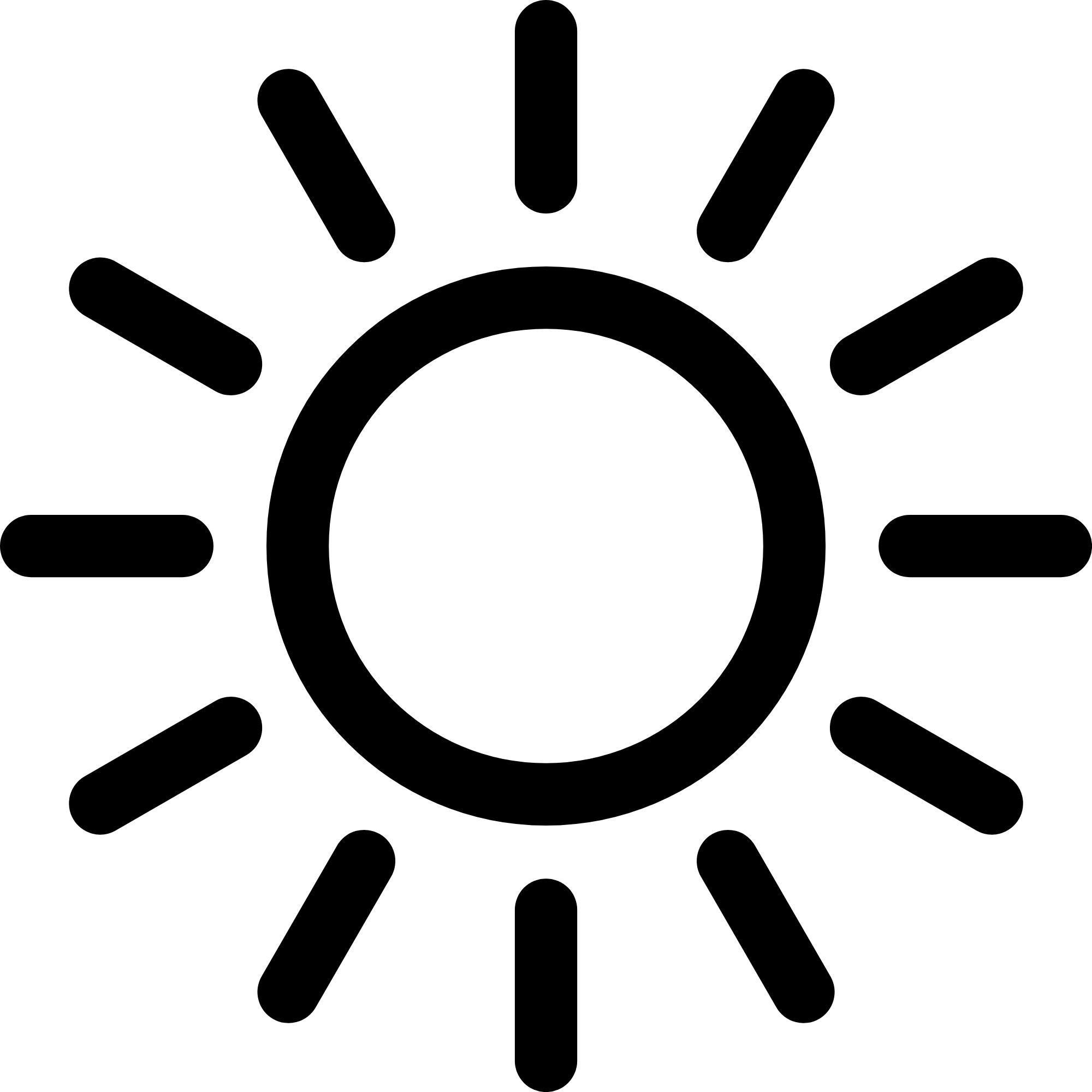 Black and white icon of a sun with rays extending outward.
