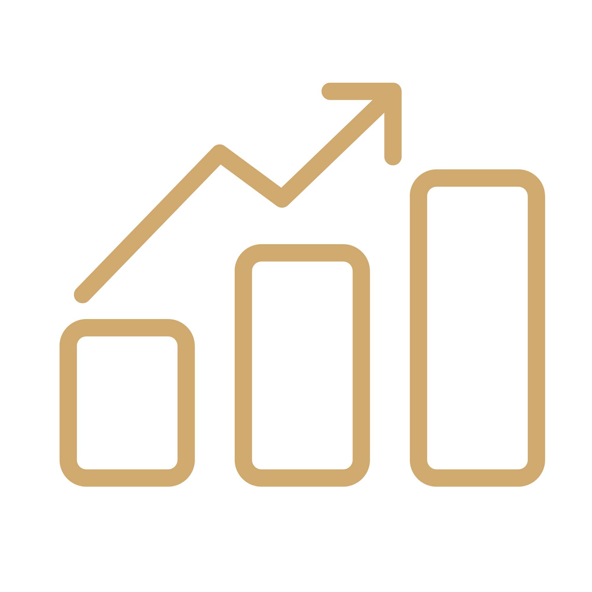 Gold-colored line graph with an upward trend, rising above a bar chart with four bars of varying heights.