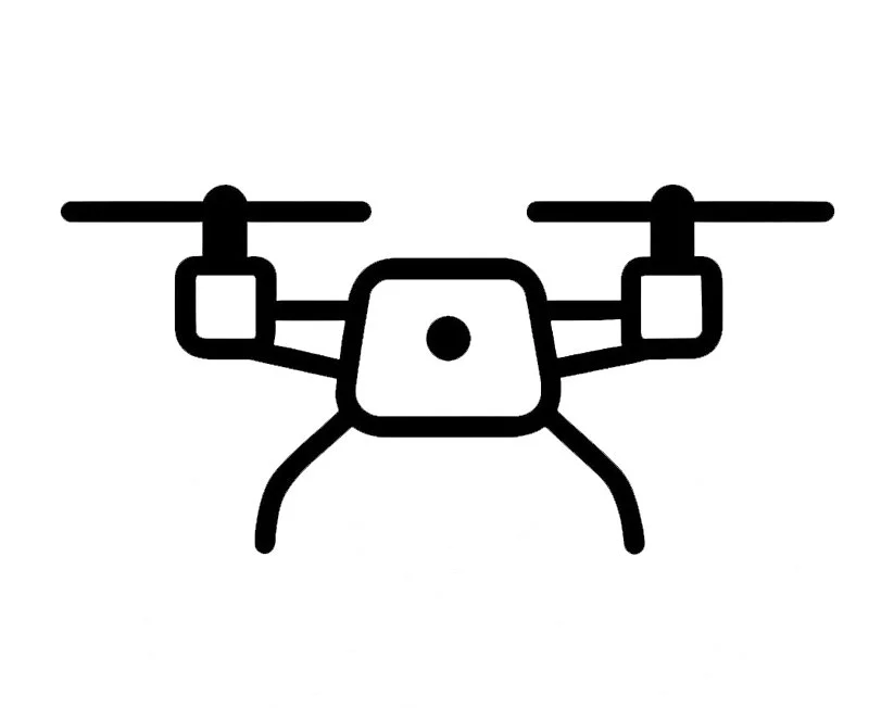 Line drawing of a drone viewed from the front with propellers on each side.