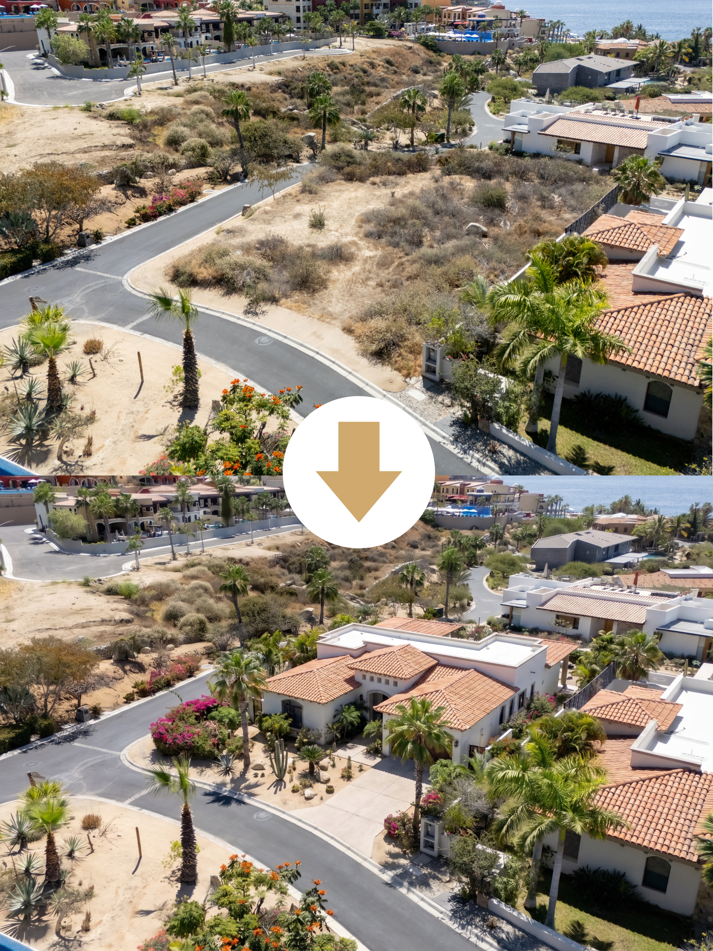 Aerial view of coastal residential neighborhood featuring desert landscaping, palm trees, and white buildings with terracotta roofs, near a body of water in Esperanza Resort