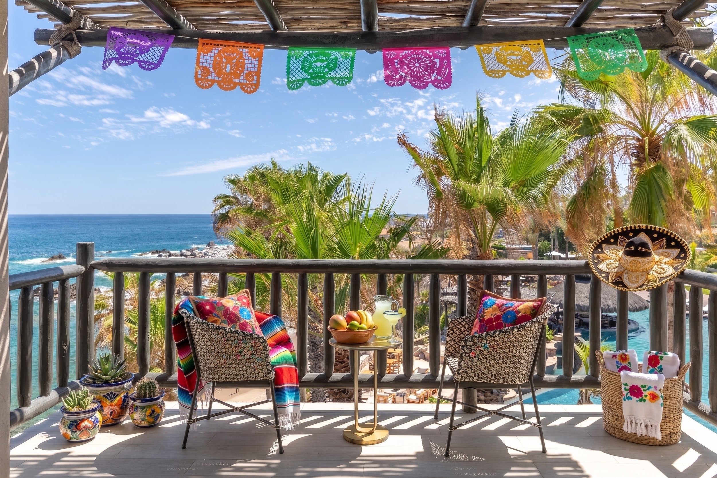 Beachside patio with colorful papel picado banners, potted succulents, a table with fruit, and woven chairs with vibrant cushions overlooking the ocean and palm trees.