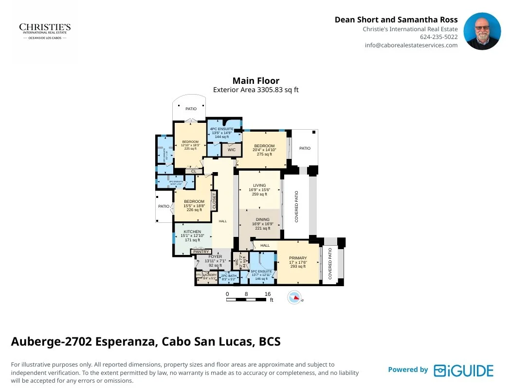 Floor plan of Auberge-2702 Esperanza, Cabo San Lucas, BCS, showing various rooms and patios, with the main areas labeled and measurements provided.