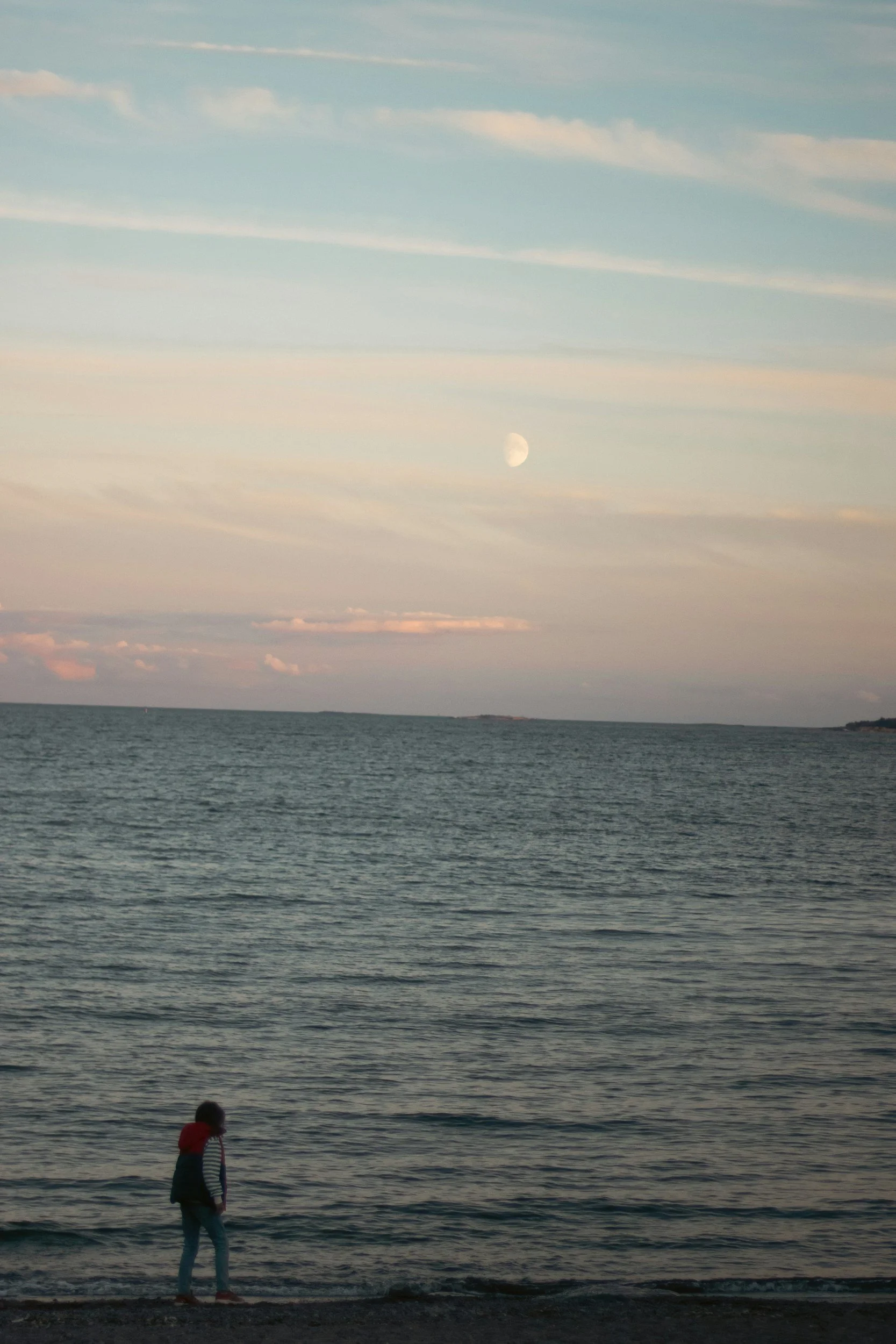 A person standing on a shoreline near the ocean during sunset, with a small boat in the distance and a moon visible in the sky.