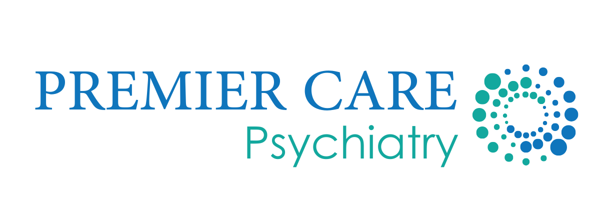 Premier Care Psychiatry logo featuring blue and teal text with a circular dotted graphic.
