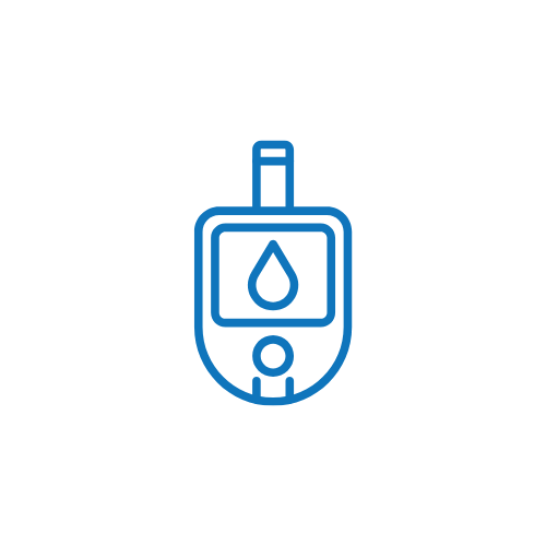 Line drawing of a blood glucose meter with a drop of blood on the screen.