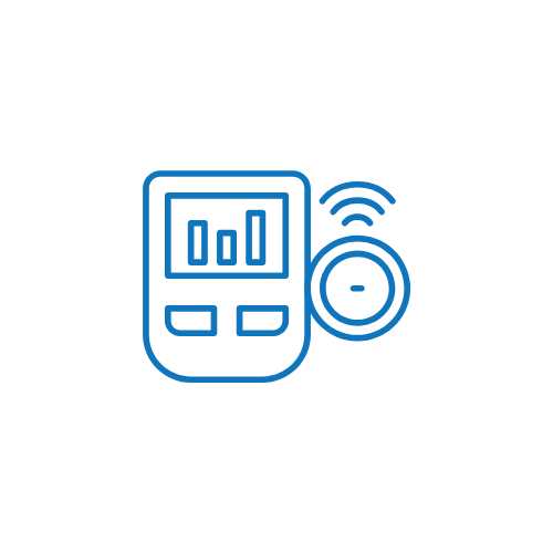 Icon of a digital music player with a display and volume control, connected to a wireless speaker.