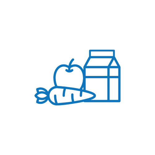Line drawing of an apple, carrot, and a carton of milk inside a circle.