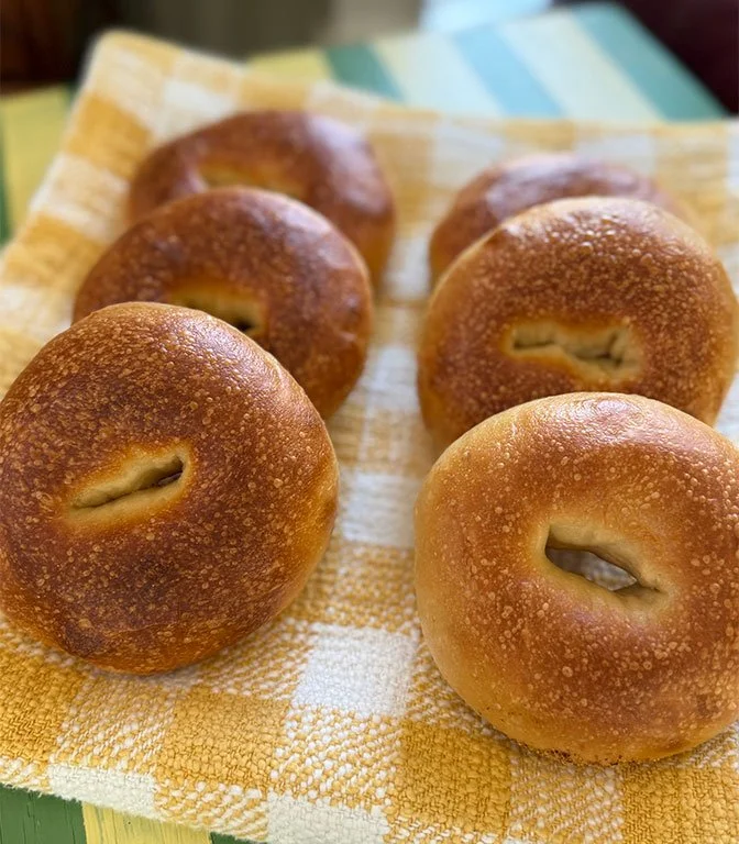 Six freshly baked bagels on a checkered cloth, with a golden-brown crust and a small hole in the center.
