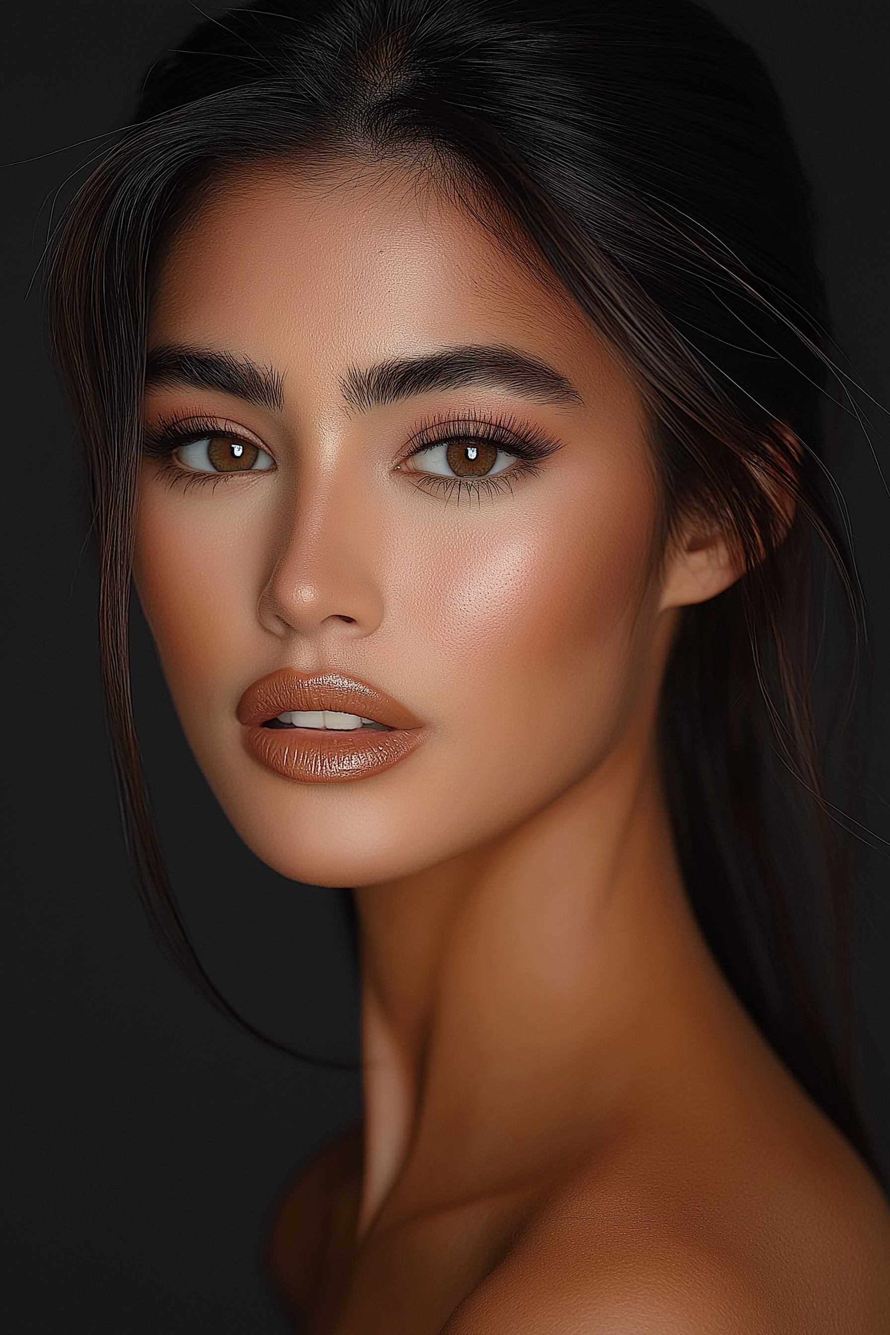 Close-up portrait of a woman with brown eyes, dark hair, and makeup including glossy lips, high cheekbones, and well-defined eyebrows, against a dark background.