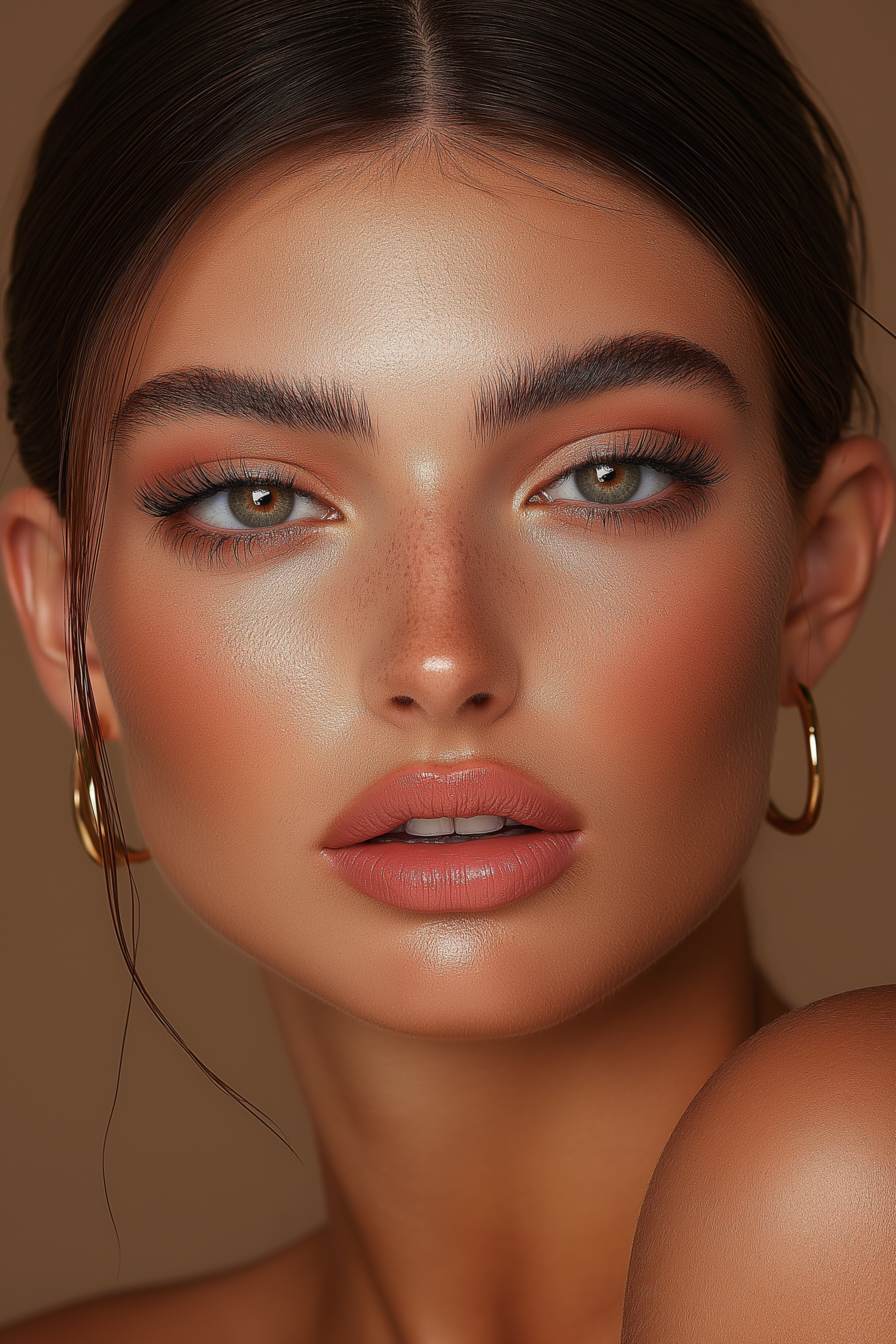 Close-up of a woman's face with makeup, gold hoop earrings, and light brown hair styled back.