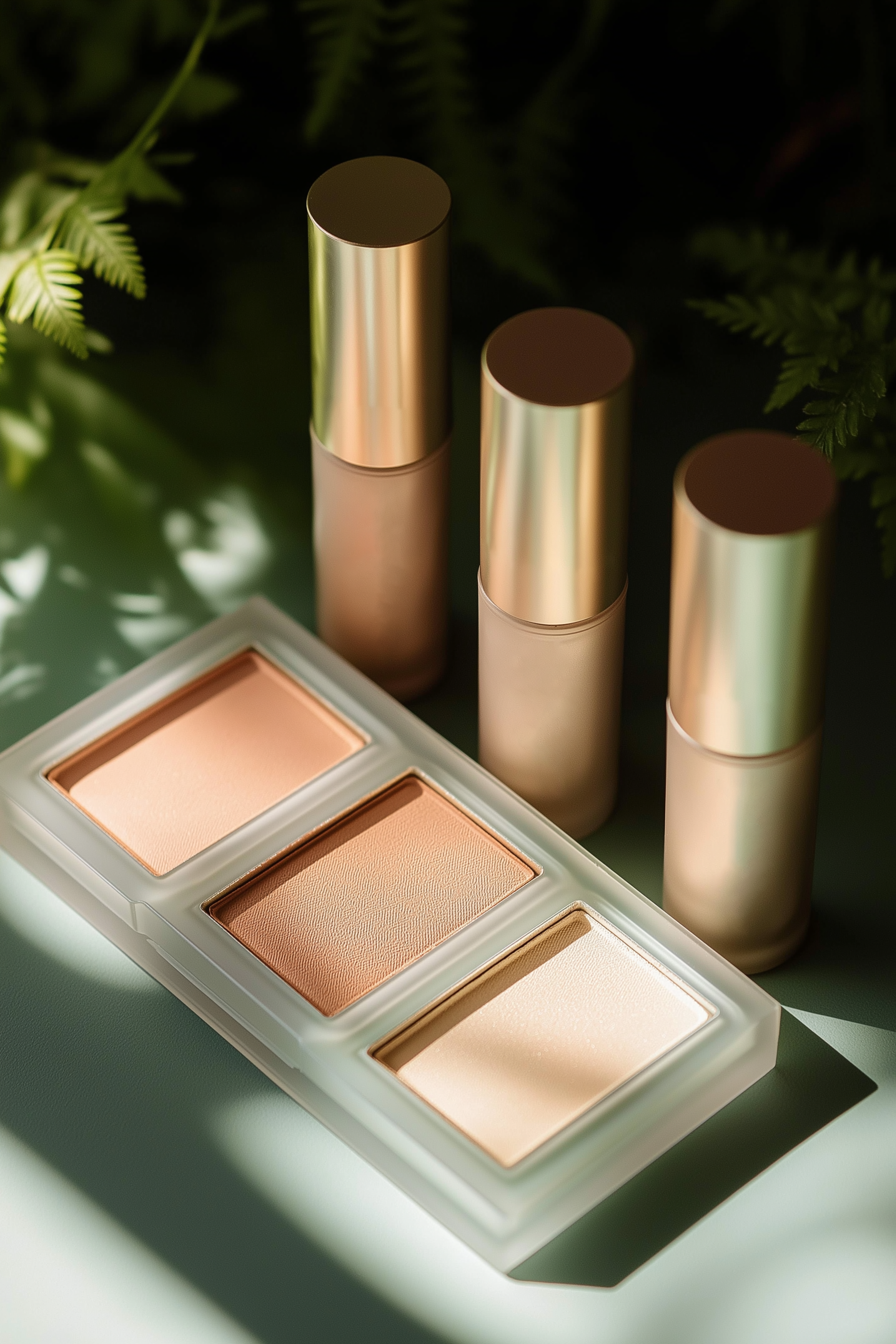 Three cylindrical cosmetic bottles with gold caps and a three-section makeup palette with neutral shades, set against a dark background with green foliage.