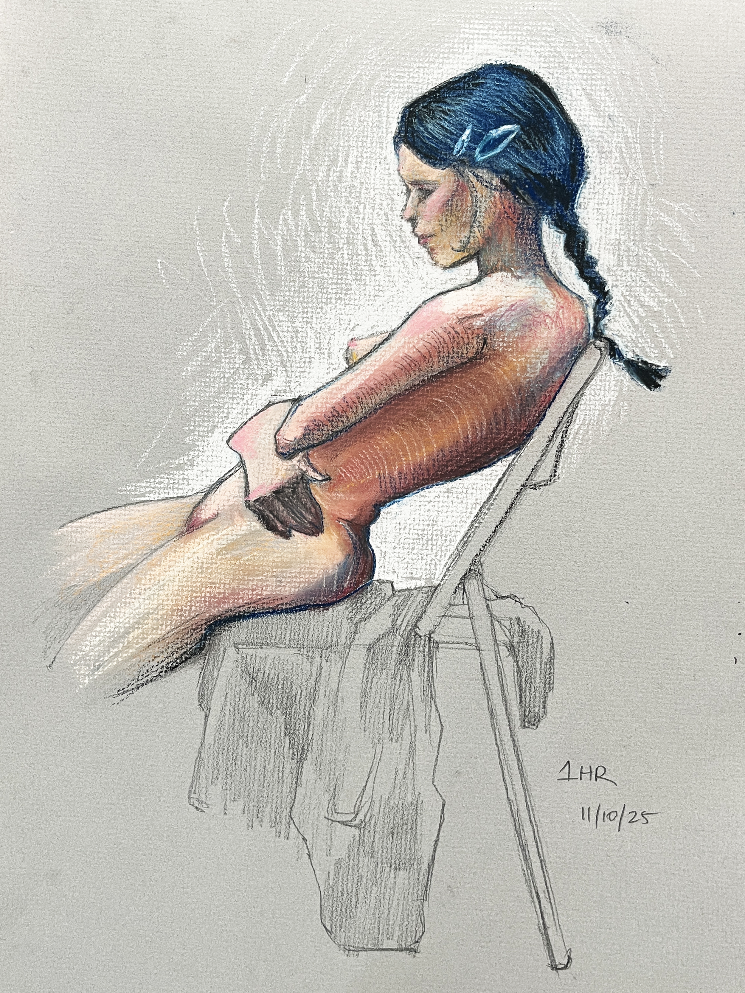 figure drawing practice, 1hr
• 11" x 17"
• pastel, charcoal and grahite on toned paper