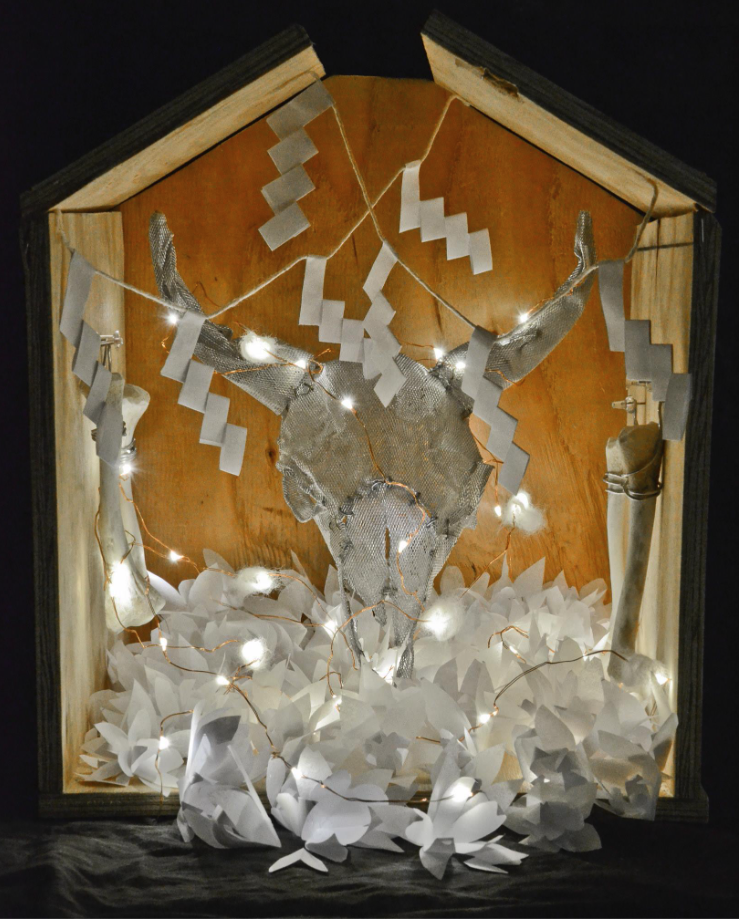 paper mausoleum • 13"l x 12"d x 20h"
• plywood, vellum paper, aluminum mesh, aluminum wire, copper wire, chicken bones, twine