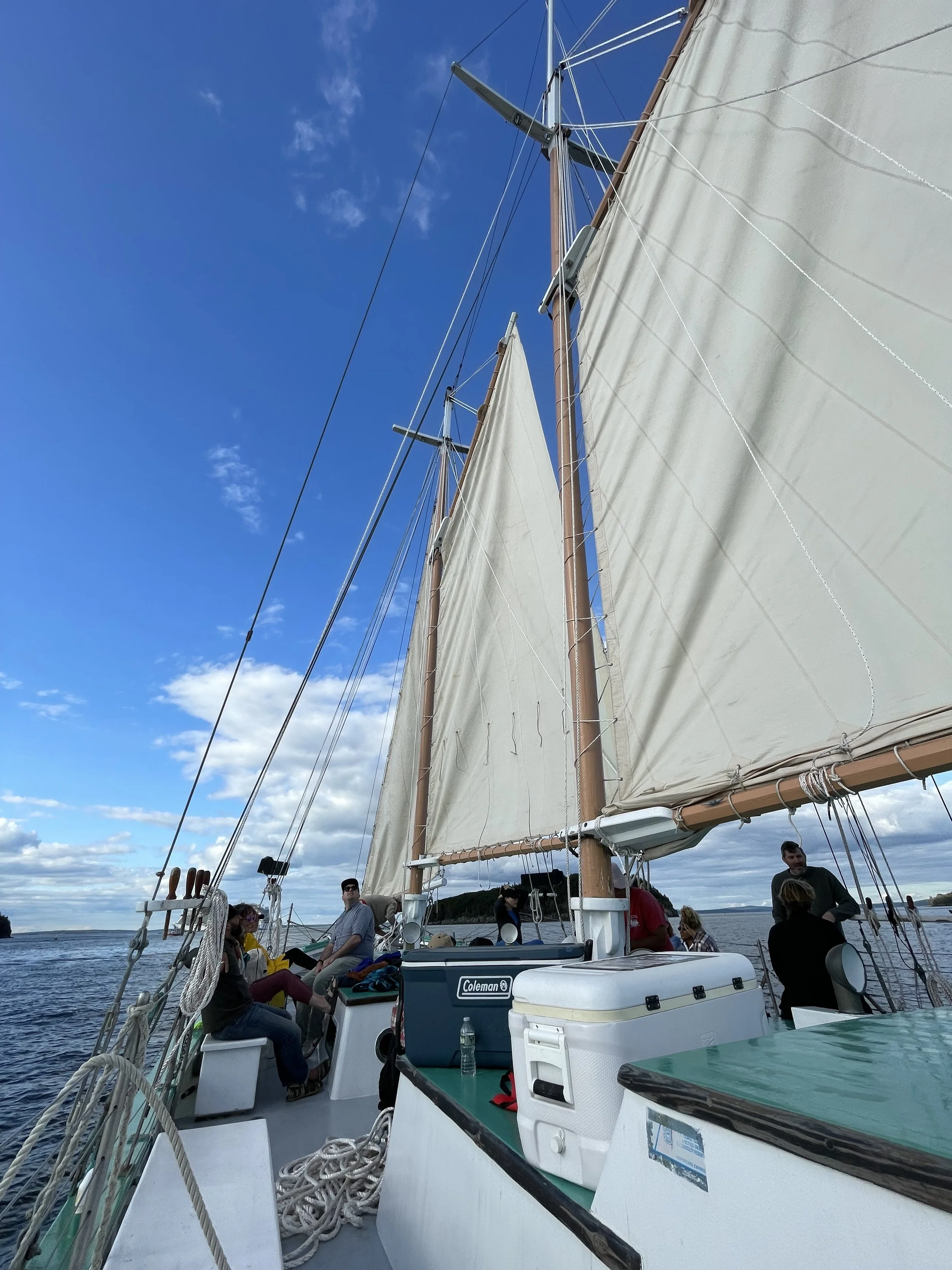 Outdoor team-building or wellness activity for mission-driven organizations in Nevada – participants aboard sailboat with white sails on water under partly cloudy sky, facilitated by ALIGN Agency