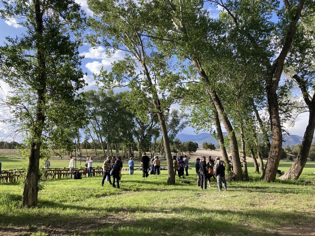 People gathered outdoors in a grassy area surrounded by tall trees with green leaves, with mountains and blue sky with some clouds in the background.