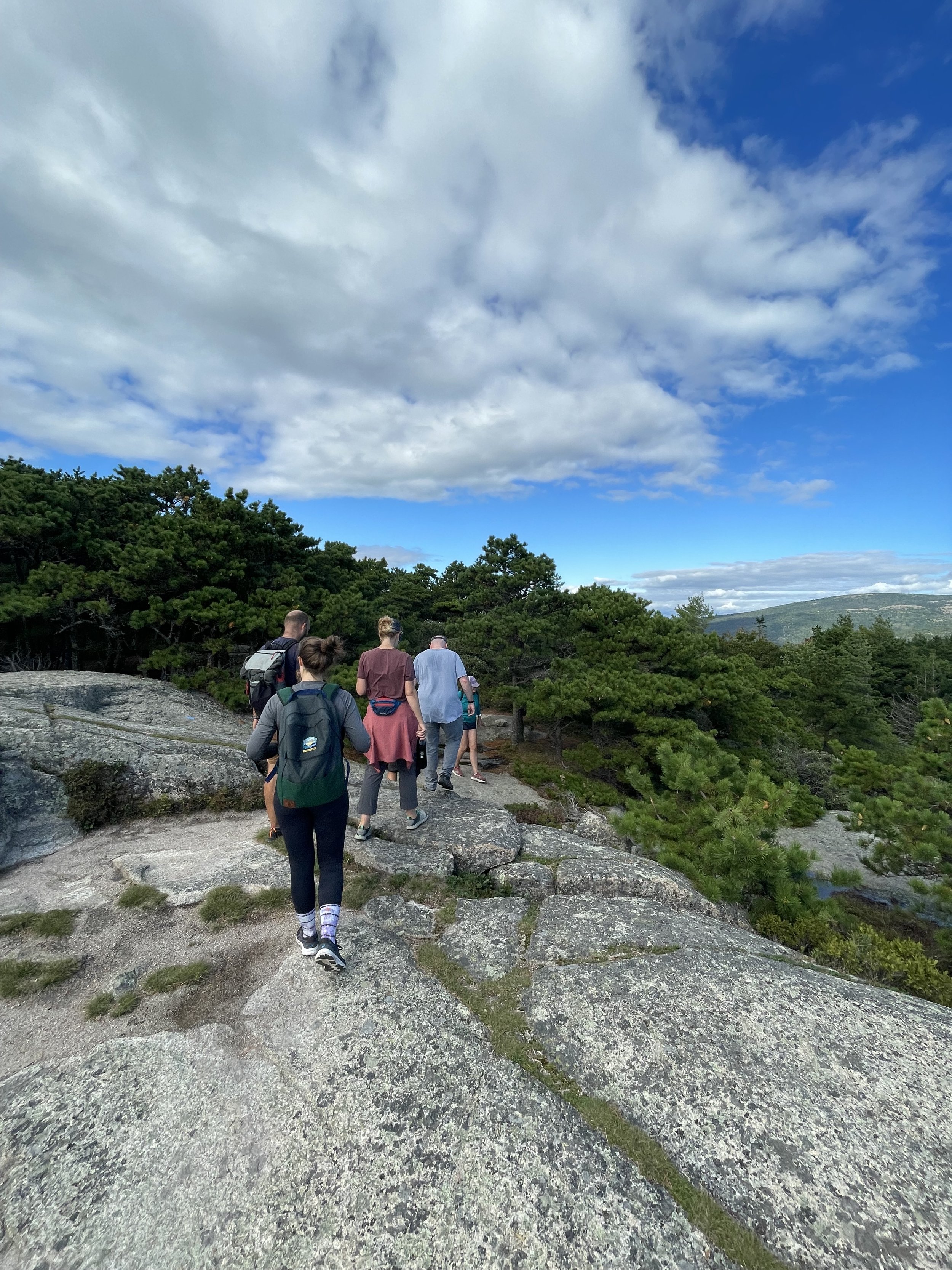 Outdoor wellness and team-building workshop for mission-driven organizations in Nevada – group of participants hiking on rocky trail surrounded by trees and greenery under partly cloudy sky, facilitated by ALIGN Agency