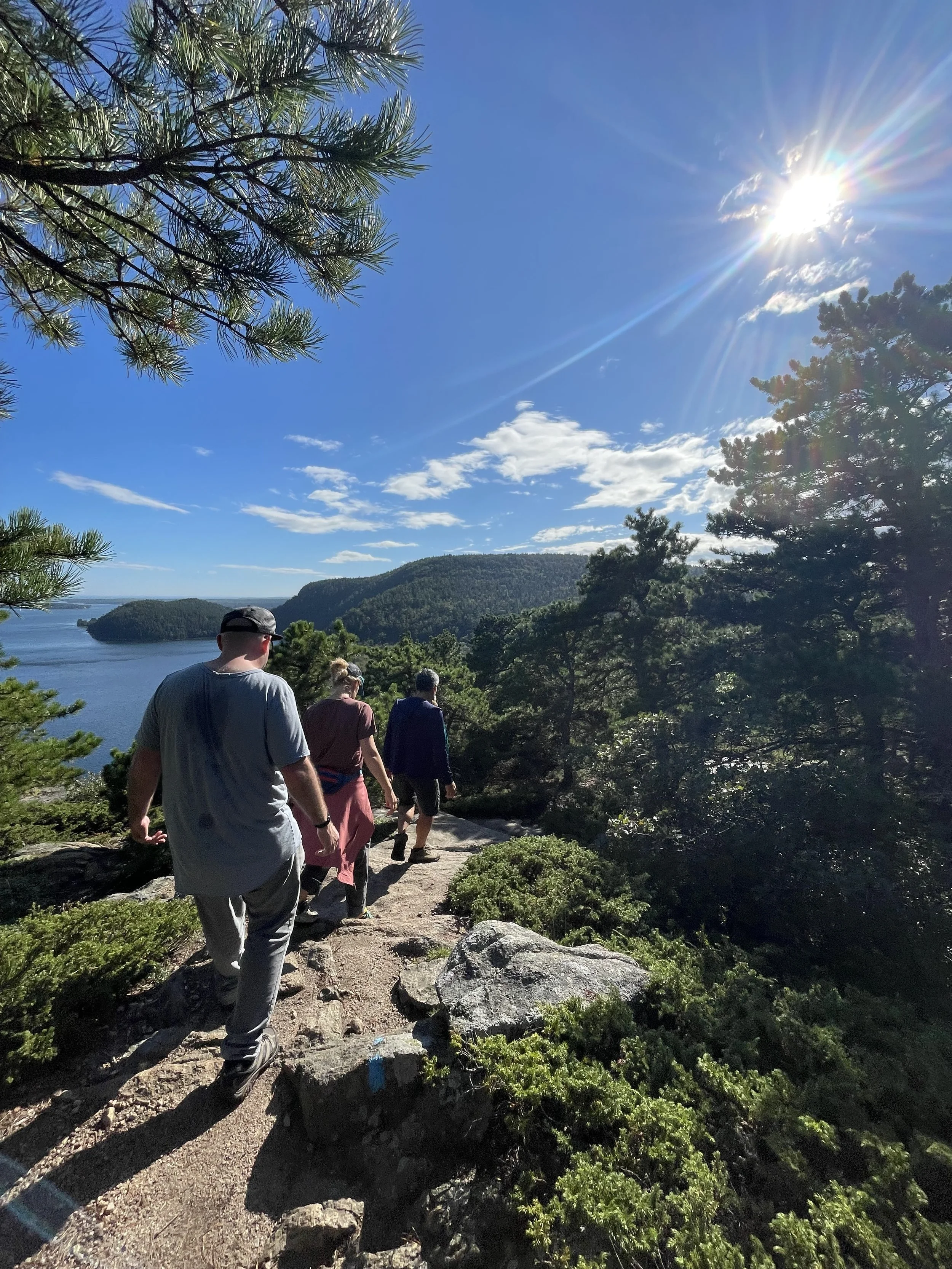 Outdoor wellness and team-building workshop for mission-driven organizations in Nevada – participants hiking on rocky forest trail with lake or river view, distant hills, and bright sunny sky, facilitated by ALIGN Agency