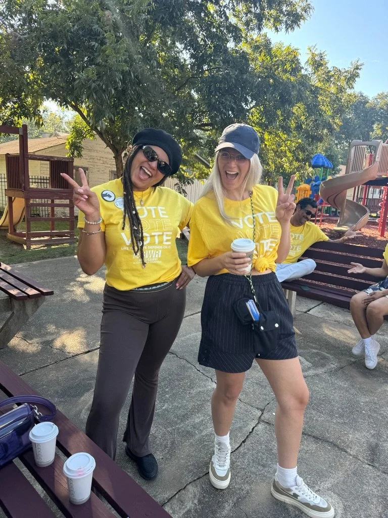 Outdoor community engagement or wellness workshop for mission-driven organizations in Las Vegas – participants smiling and making peace signs in park setting facilitated by ALIGN Agency