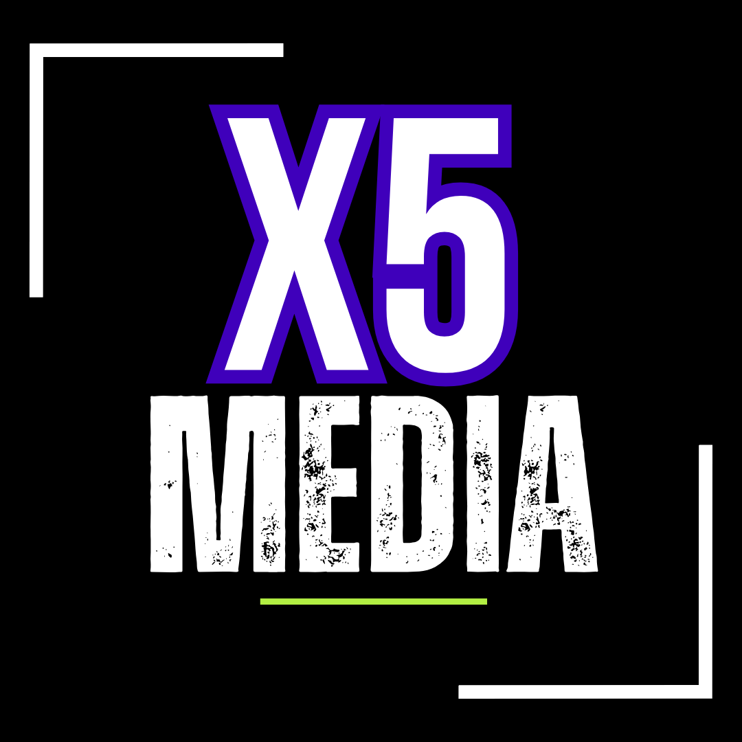 Graphic with the text 'X5 MEDIA' in large, distressed white letters, with a purple outline around the 'X5' and minimal green and white accents on a black background.
