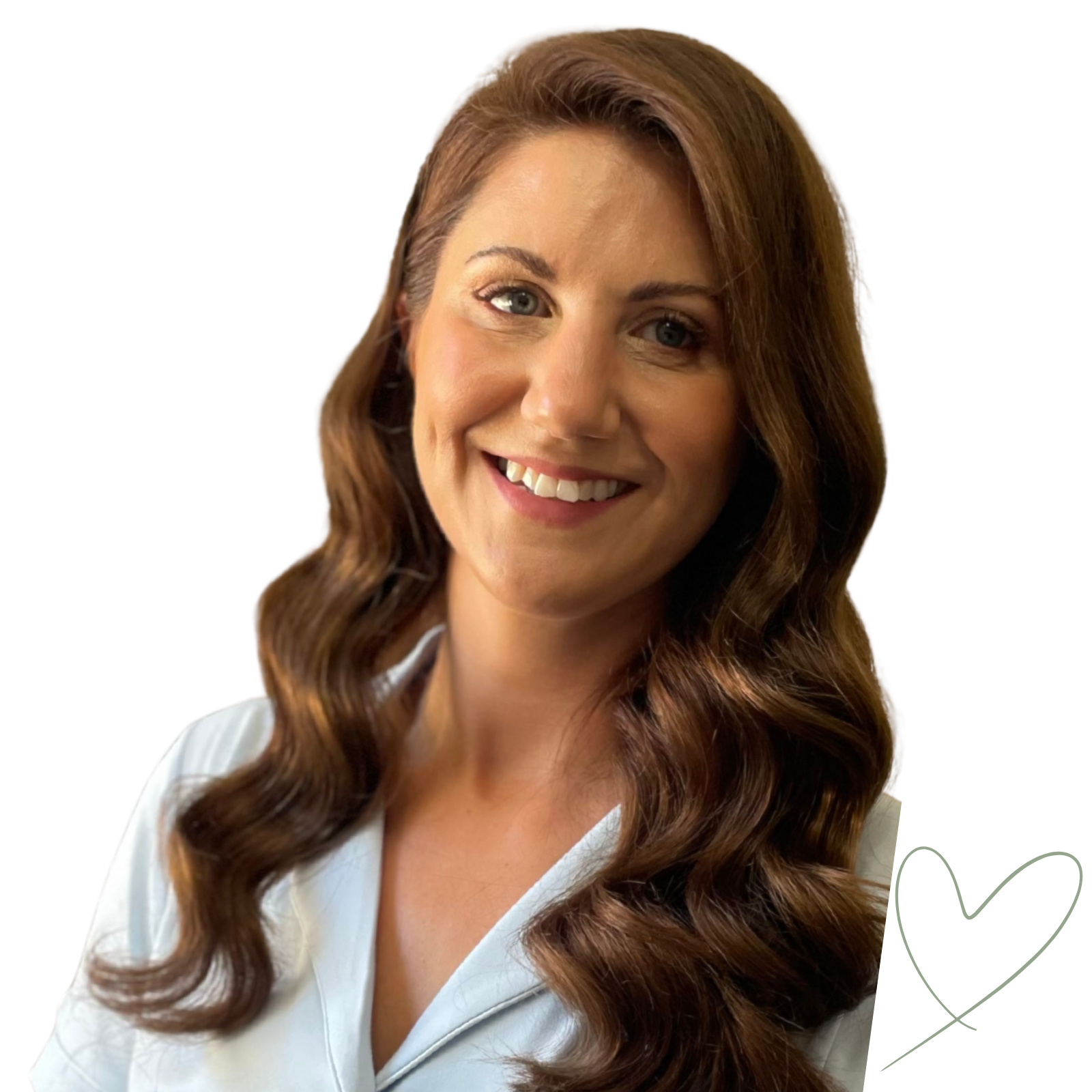 Portrait of a smiling woman with long, wavy brown hair, wearing a white blouse.