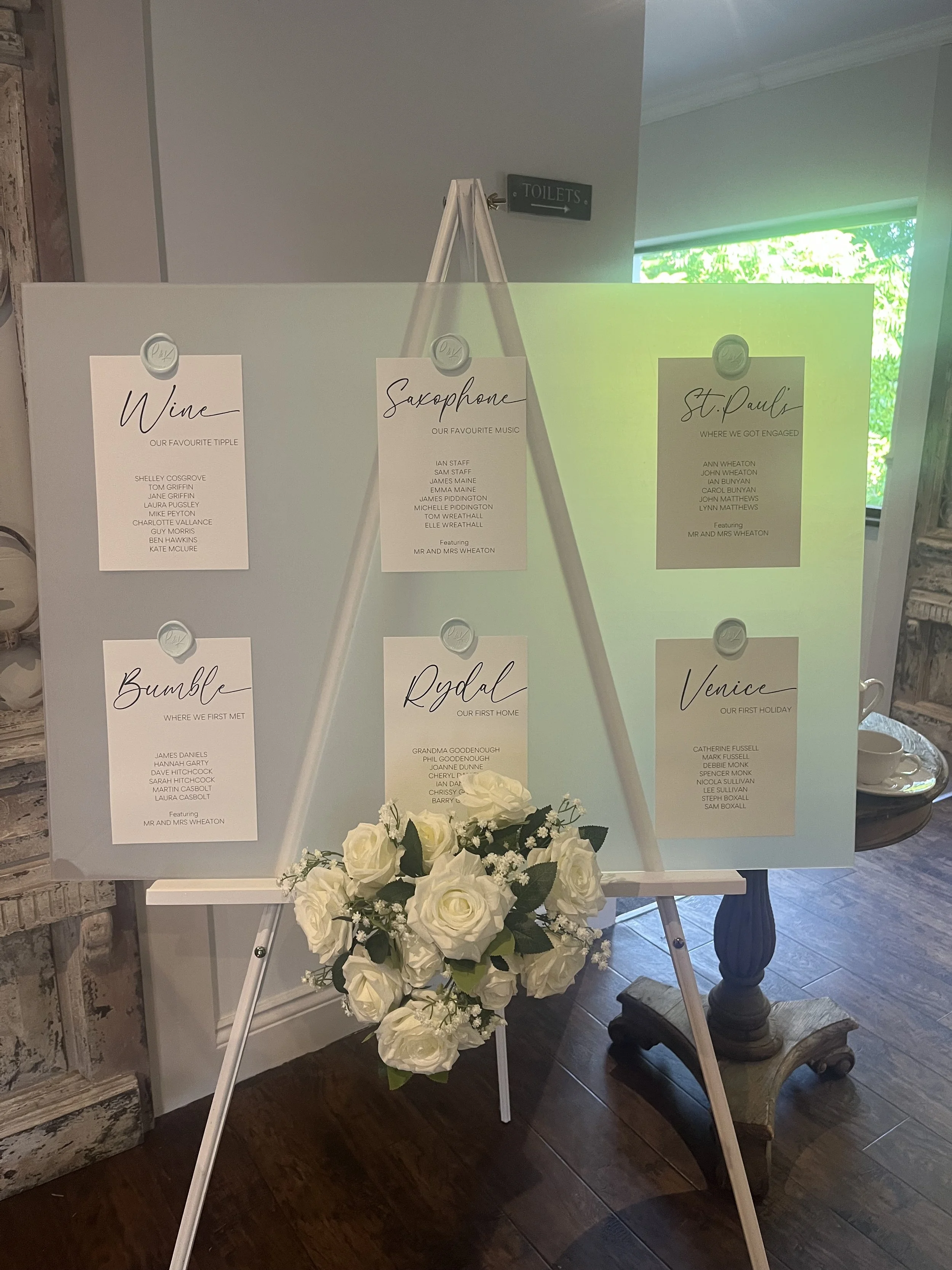 Wedding seating chart on an easel with six printed cards listing names under personalised categories.  A bouquet of white roses and greenery is attached at the bottom of the easel. Personalised event stationery for weddings and events.