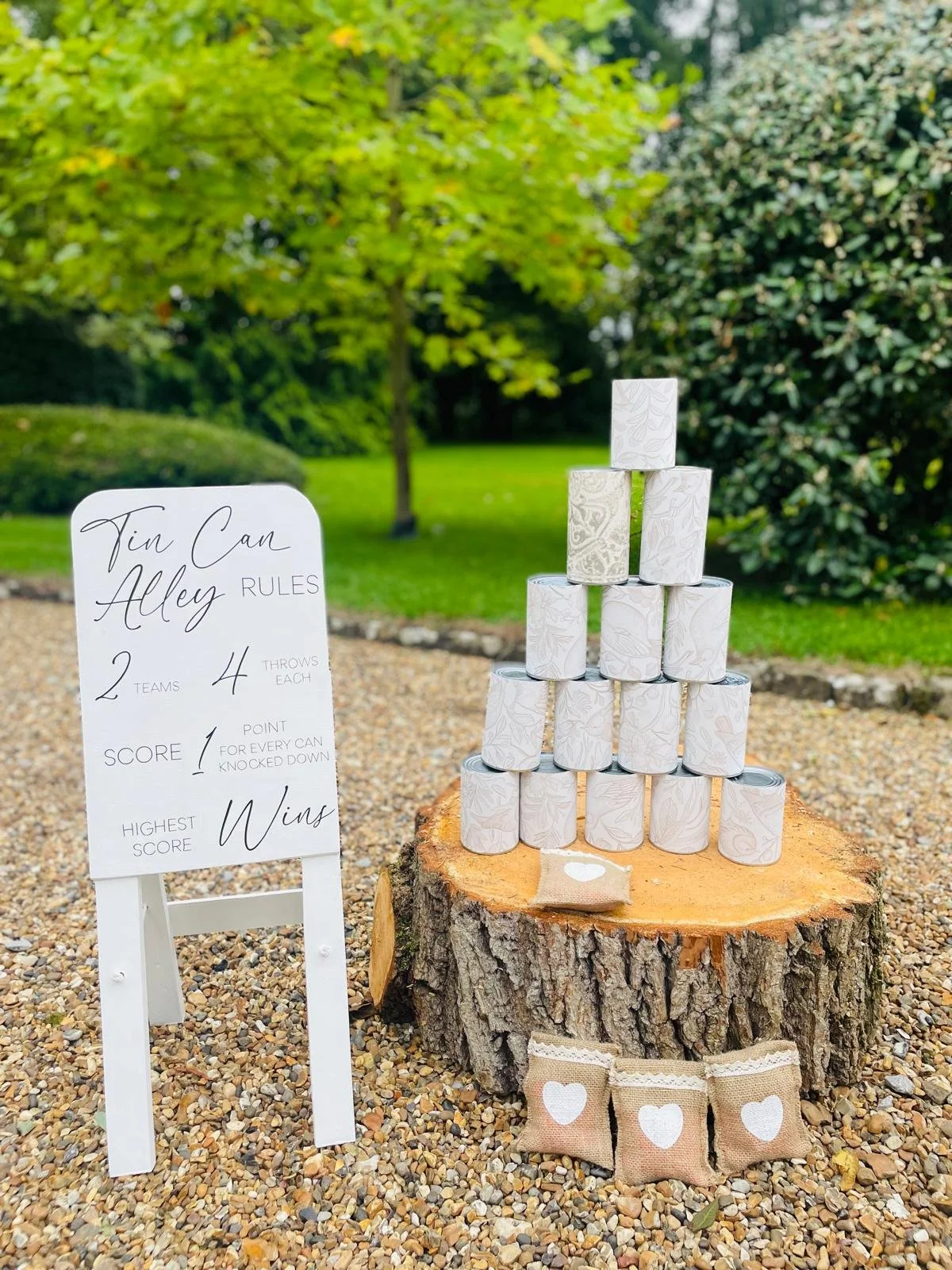 Our rustic Tin Can Alley game has been designed to enhance every event decor. The rules are simple, the person who knocks down the most tin cans wins! Ask about personalised bean bags for that extra touch!