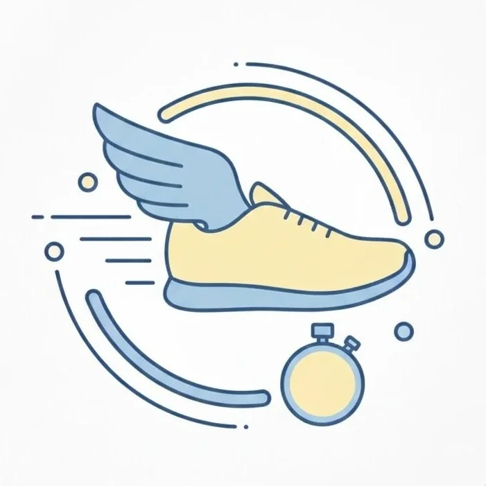 A stylized illustration of a running shoe with a wing, a rainbow trail, and a stopwatch, representing speed and motion.