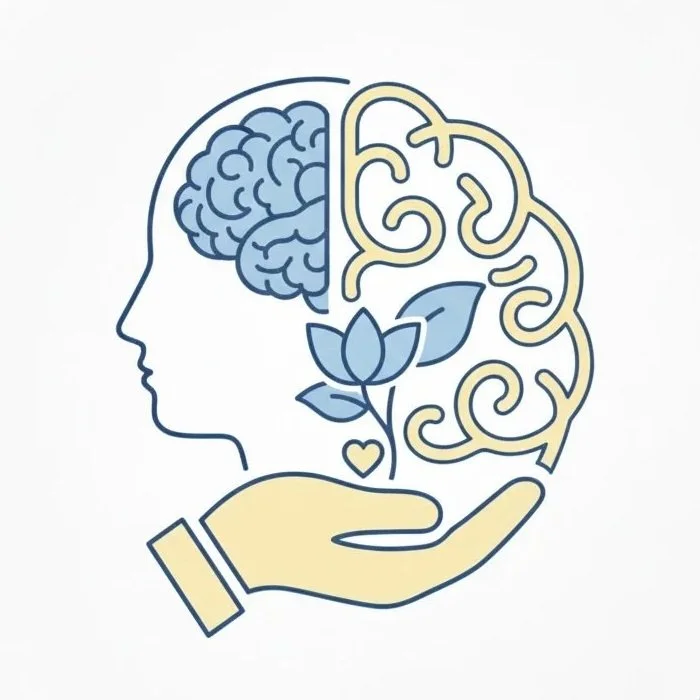 Illustration of a human head profile with a brain on the left and a decorative brain design on the right, with a hand holding a plant with a heart and leaf