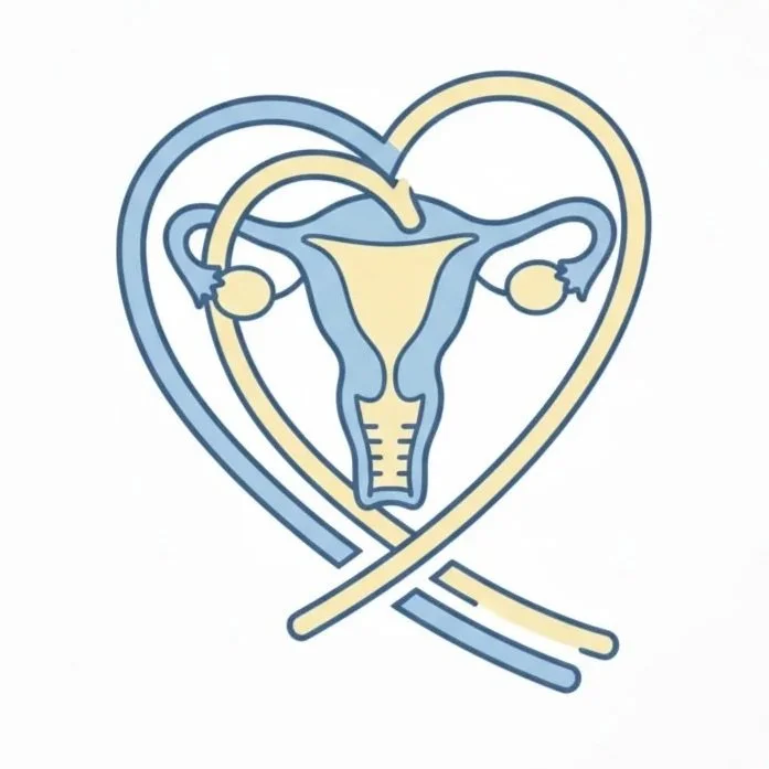 Illustration of a heart-shaped stethoscope surrounding a female reproductive system, including uterus, fallopian tubes, and ovaries.