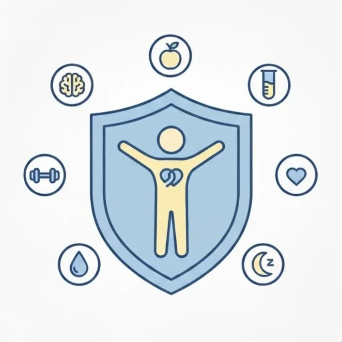 Icon of a human figure inside a shield, surrounded by symbols representing nutrition, mental health, exercise, hydration, sleep, heart health, and wellness.
