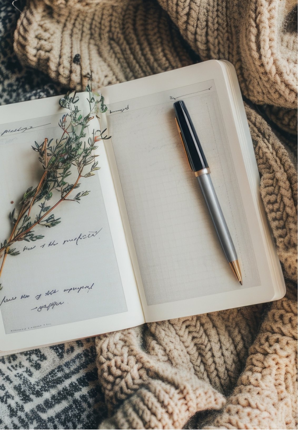 Open notebook with a silver and black pen resting on a lined page, set on a cozy knitted blanket. A sprig of greenery is placed on the left side of the notebook.