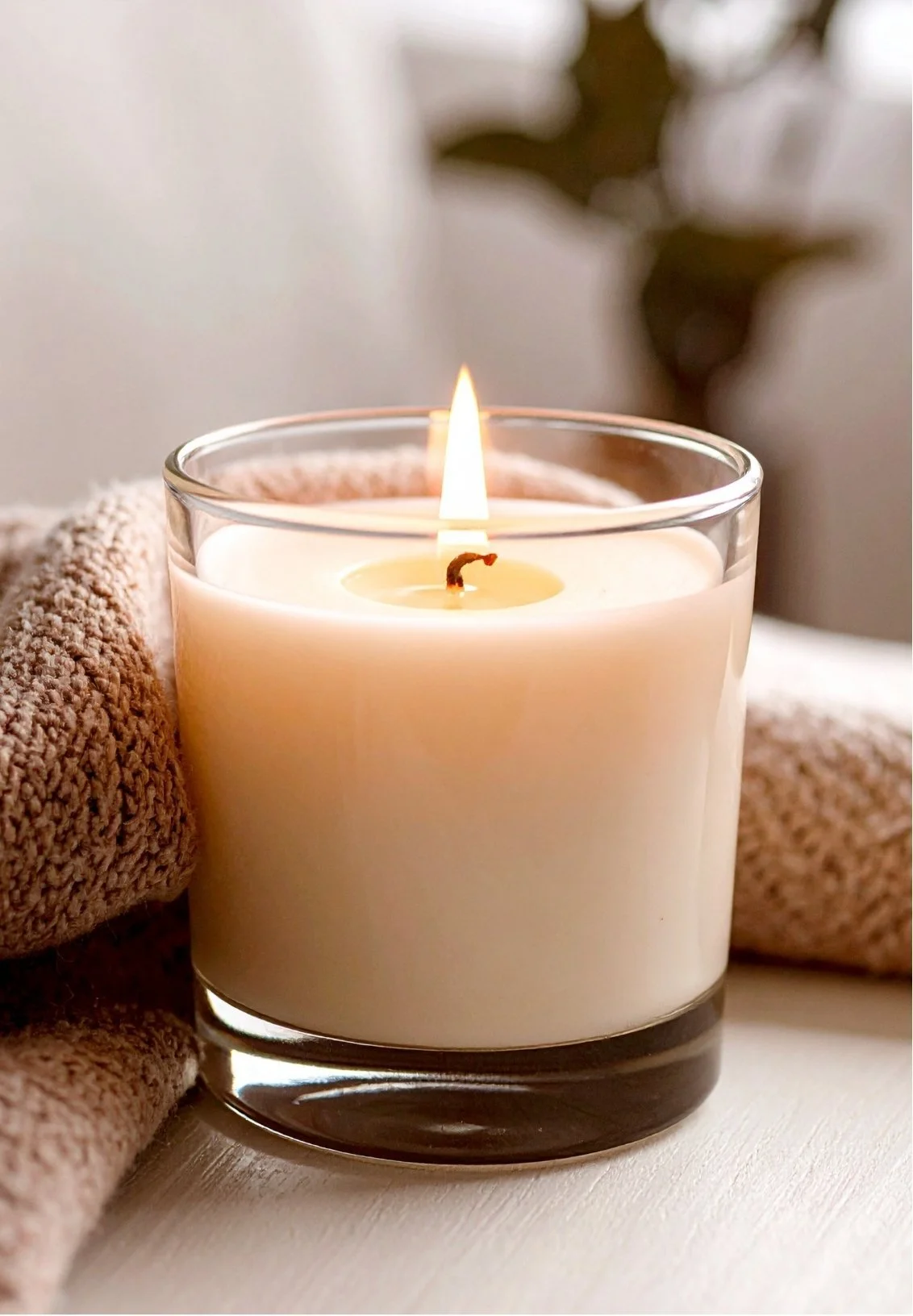 A lit white candle in a glass holder, held by a person wearing a knitted glove.