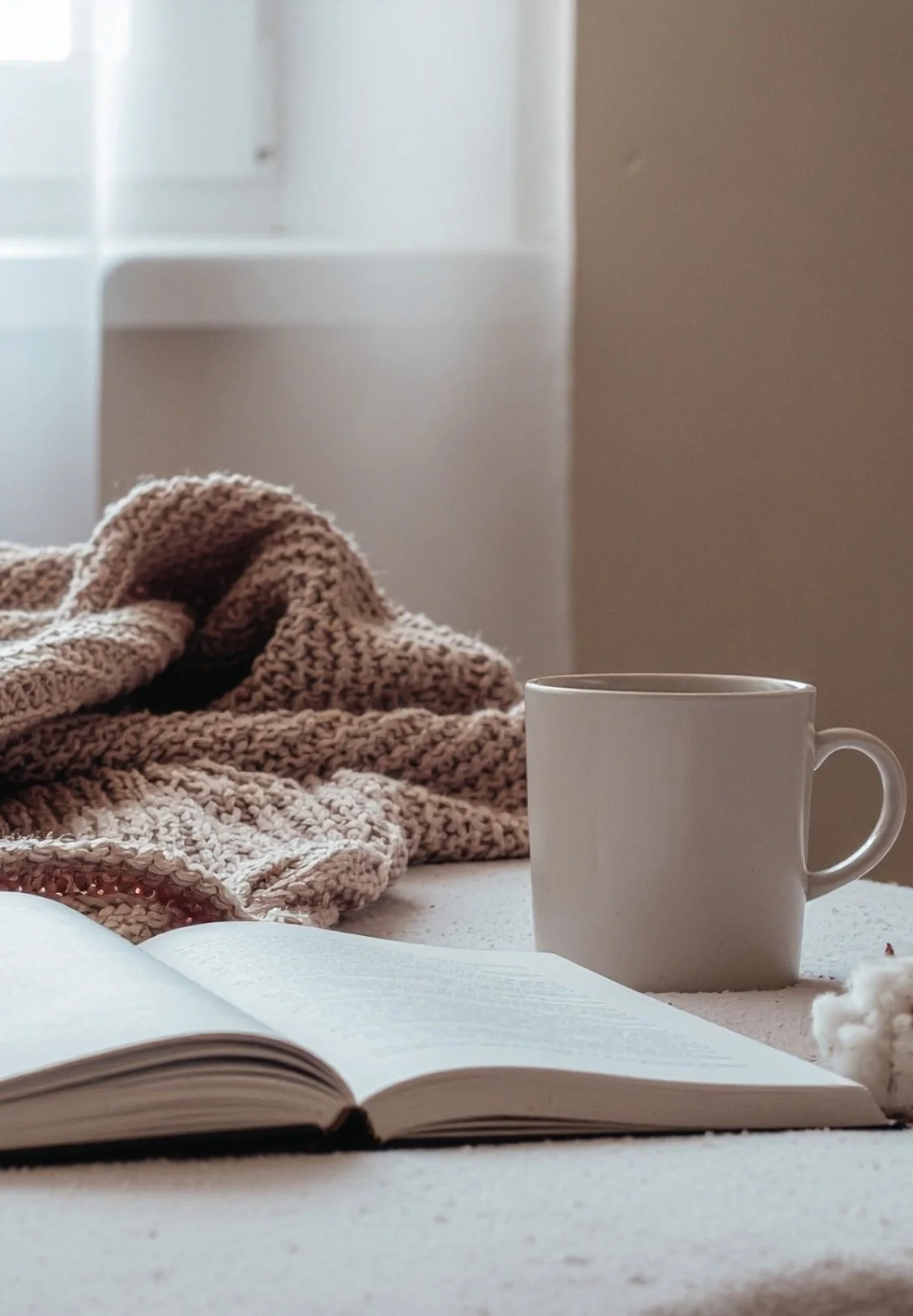 A cozy scene with an open book, a beige knitted blanket, a white ceramic mug, and some cotton on a textured surface near a window with daylight.
