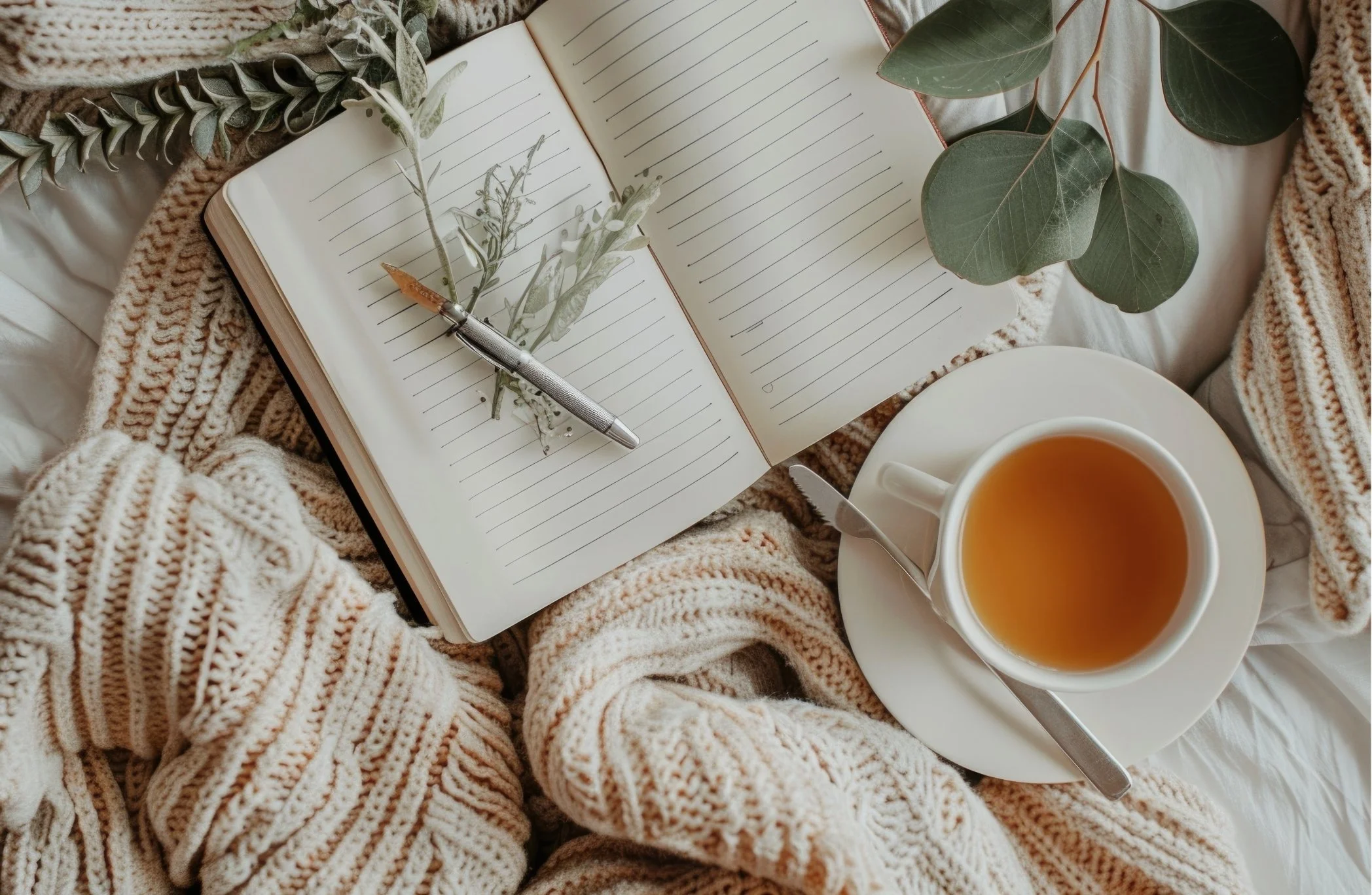 Open notebook with lined pages, a silver pen resting on it, green leaves and stems, a white cup of tea on a saucer with a silver spoon, surrounded by a knitted blanket and green plant leaves.