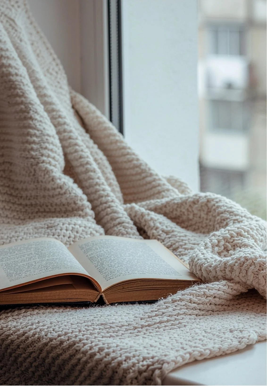 An open book resting on a cozy knitted blanket by a window, with a view of a balcony outside.