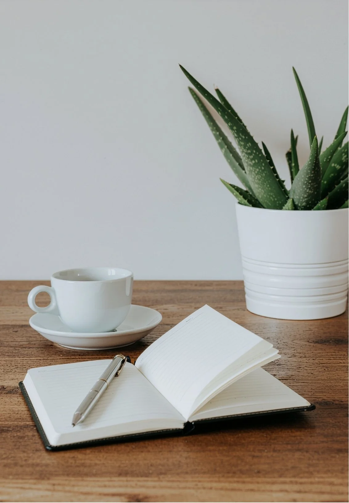 A wooden desk with an open notebook and a silver pen, a white cup and saucer, and a green aloe vera plant in a white pot against a blank wall.