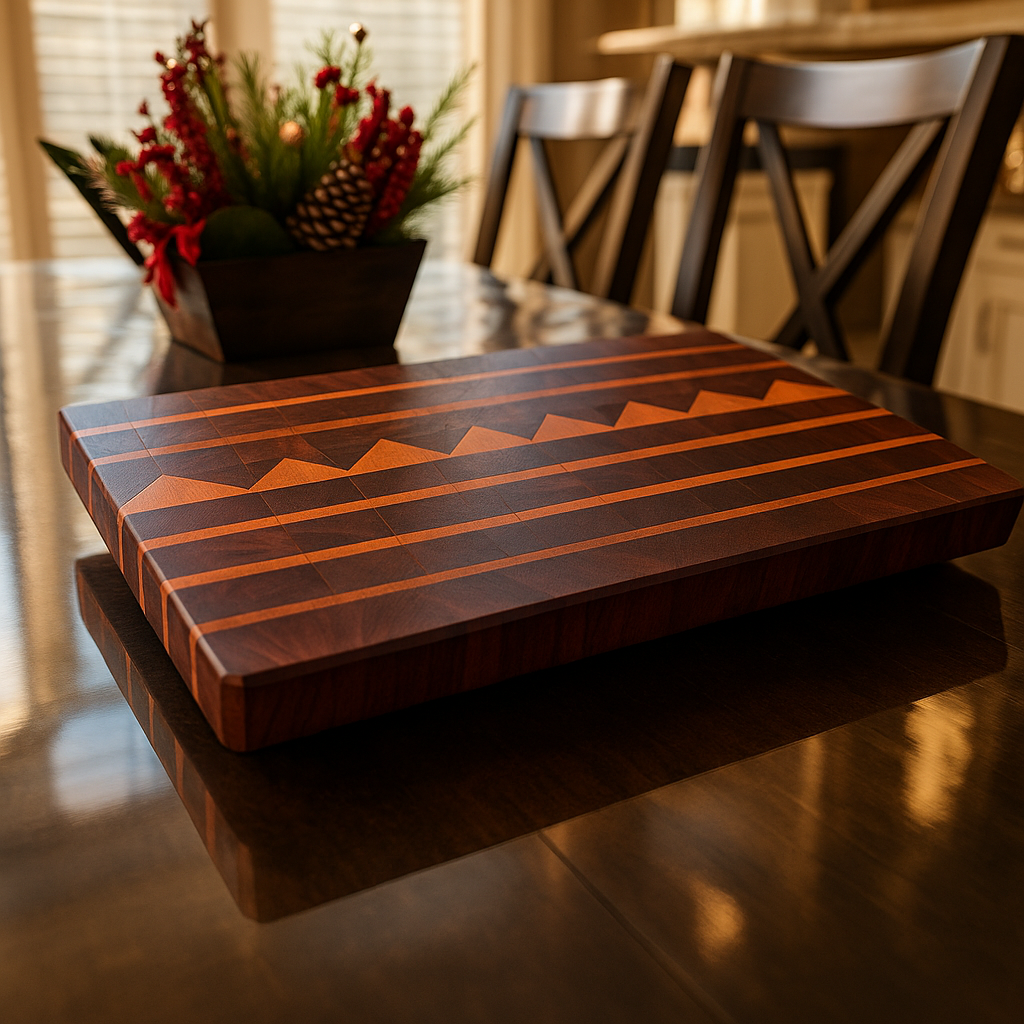 Wooden carving board with geometric pattern on a dining table, with a holiday centerpiece in the background