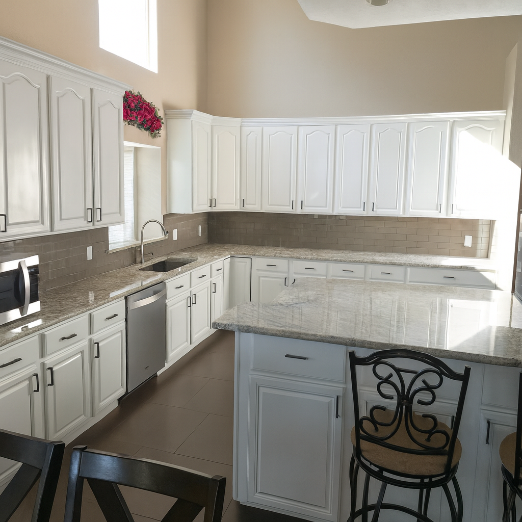 Modern kitchen with white cabinets, granite countertops, beige tile backsplash, and stainless steel appliances, including a microwave and dishwasher. There are black metal chairs with cushioned seats and a window above the sink.