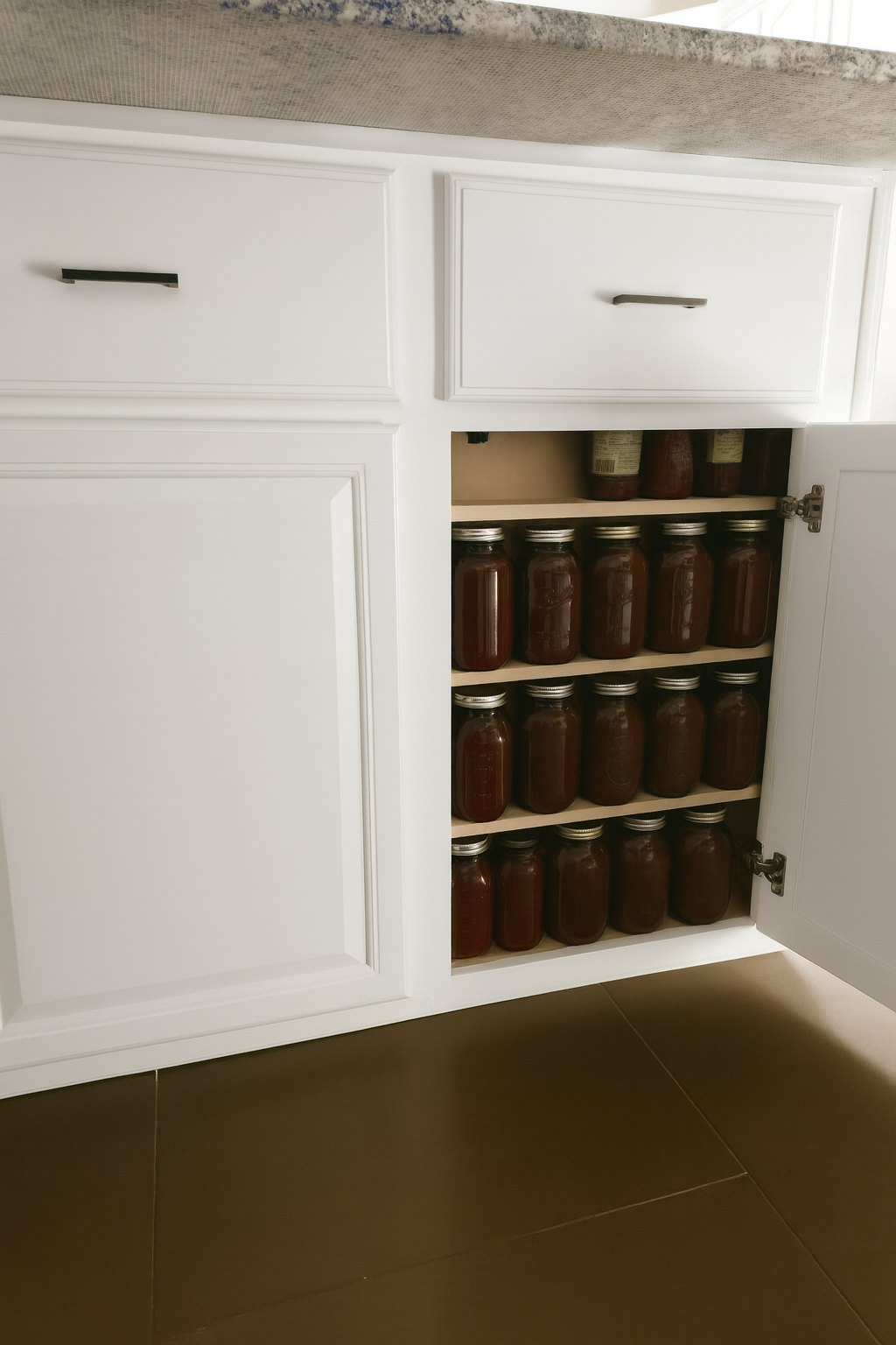 Open cabinet with jars of homemade tomato sauce on shelves.